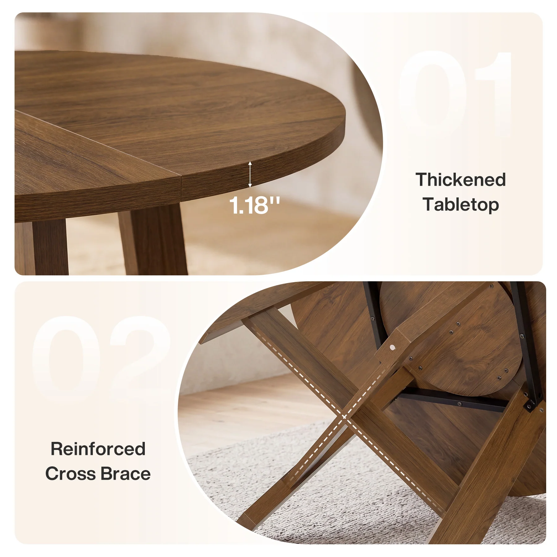 Round Dining Table for 4-6, 47" Kitchen Table with Reinforced Cross Brace - Image 7