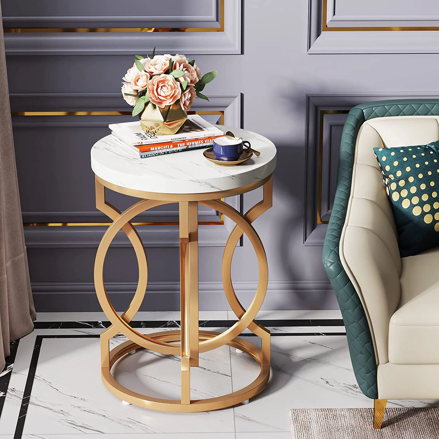 Round End Table, Modern Bedside Table with Faux Marble Top - Image 3