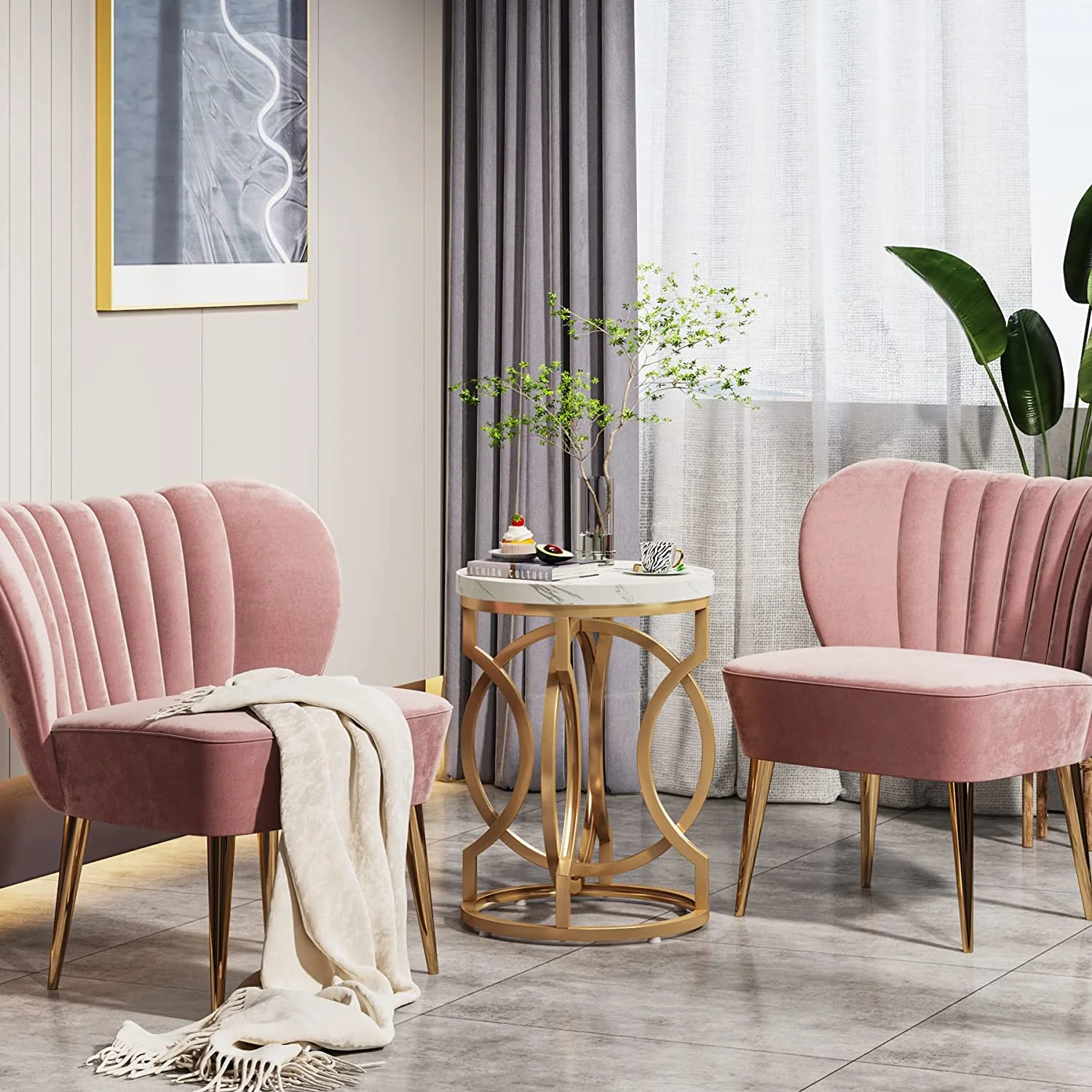 Round End Table, Modern Bedside Table with Faux Marble Top - Image 4