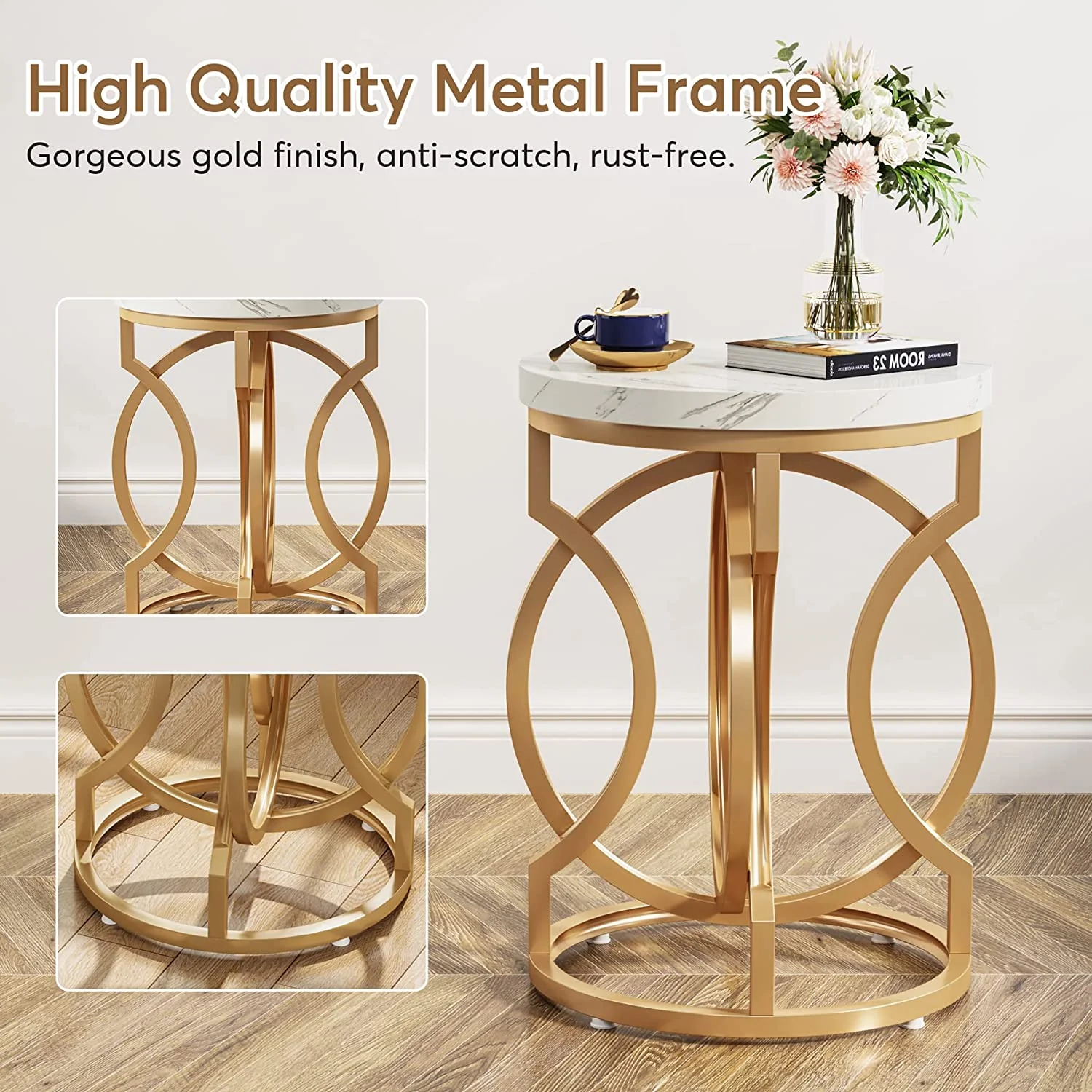 Round End Table, Modern Bedside Table with Faux Marble Top - Image 5