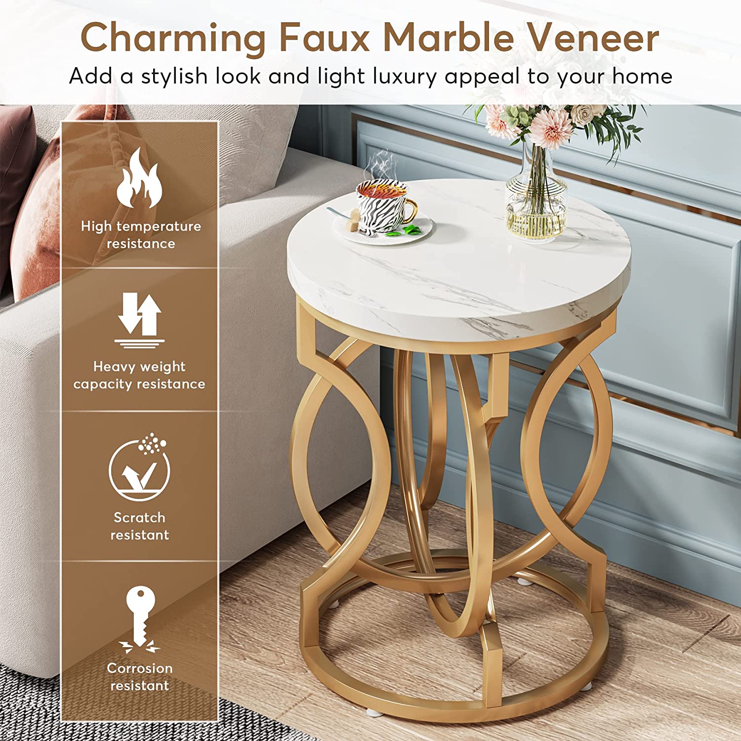 Round End Table, Modern Bedside Table with Faux Marble Top - Image 6
