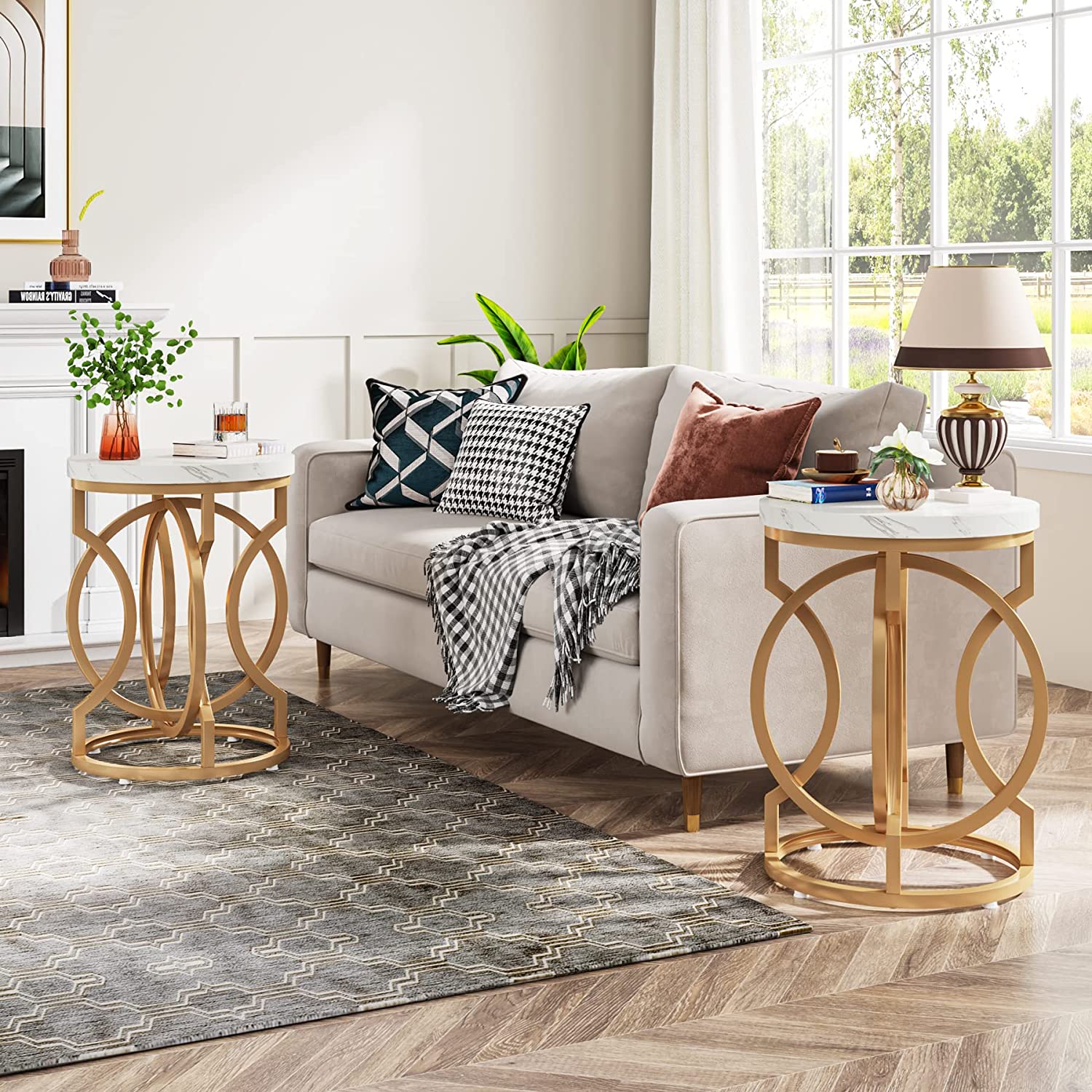 Round End Table, Modern Bedside Table with Faux Marble Top - Image 7