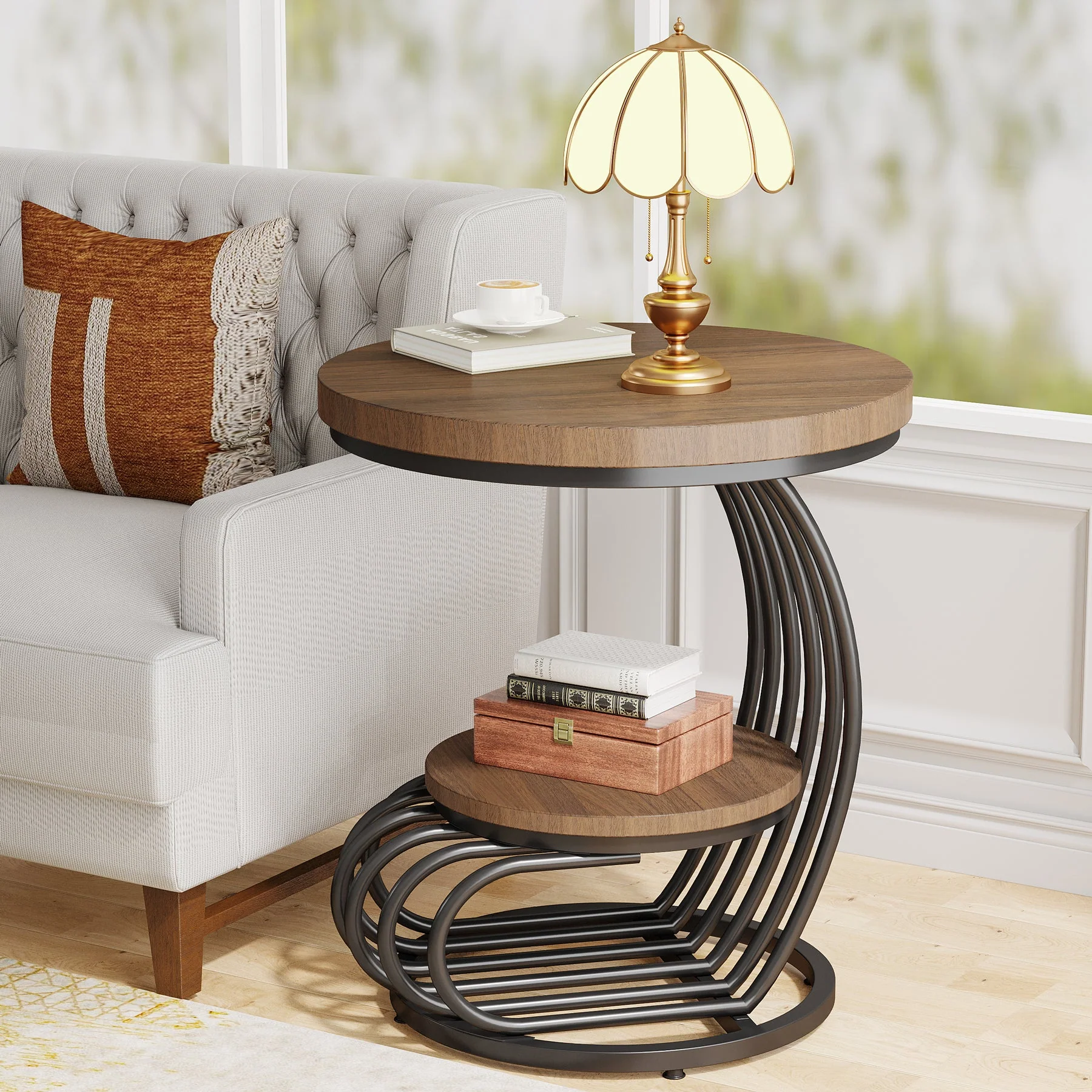 Round End Table, 2 Tiers Faux Marble Side Table with Storage Shelf - Image 10