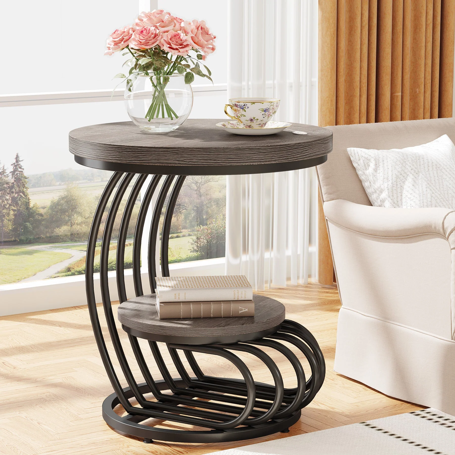 Round End Table, 2 Tiers Faux Marble Side Table with Storage Shelf - Image 12