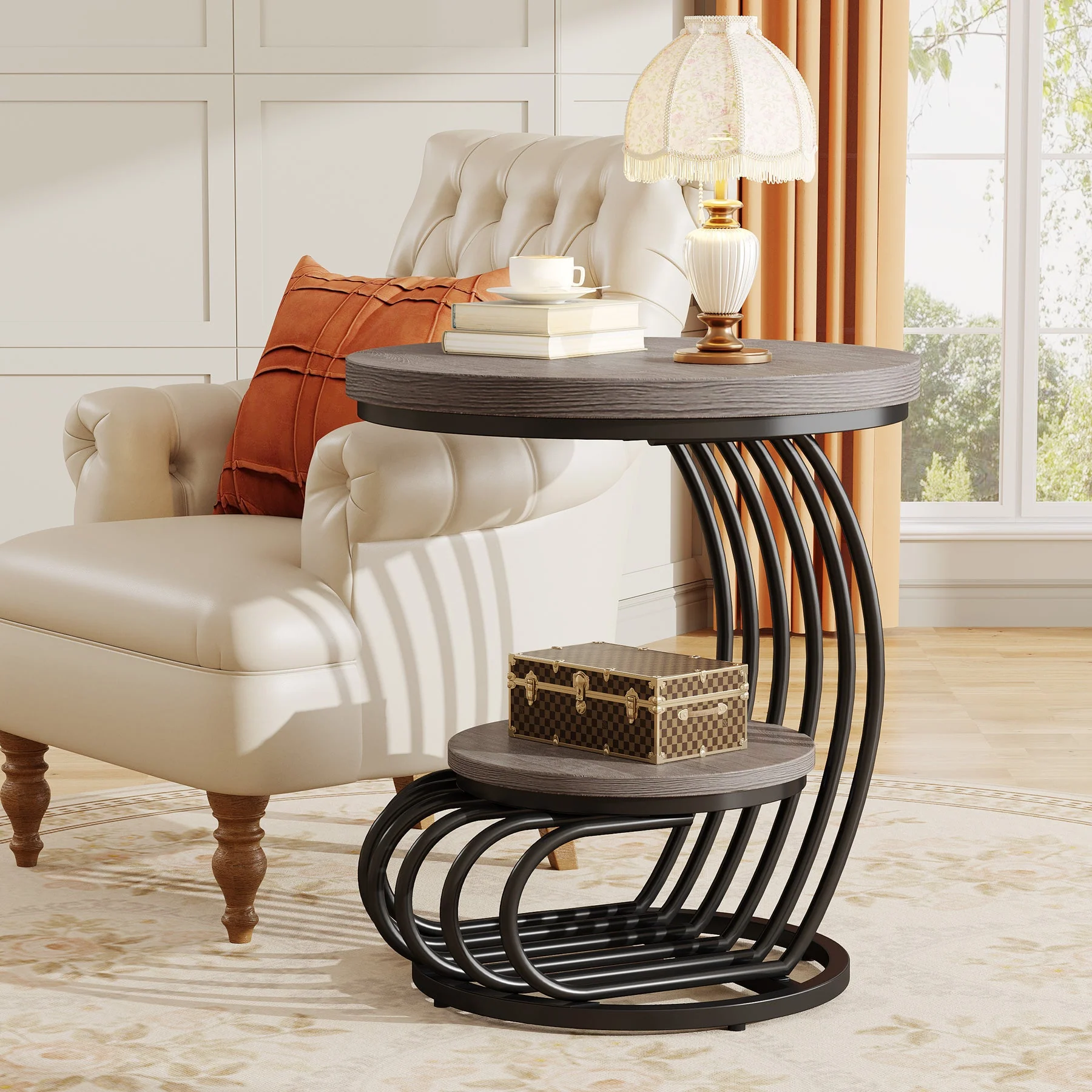 Round End Table, 2 Tiers Faux Marble Side Table with Storage Shelf - Image 13