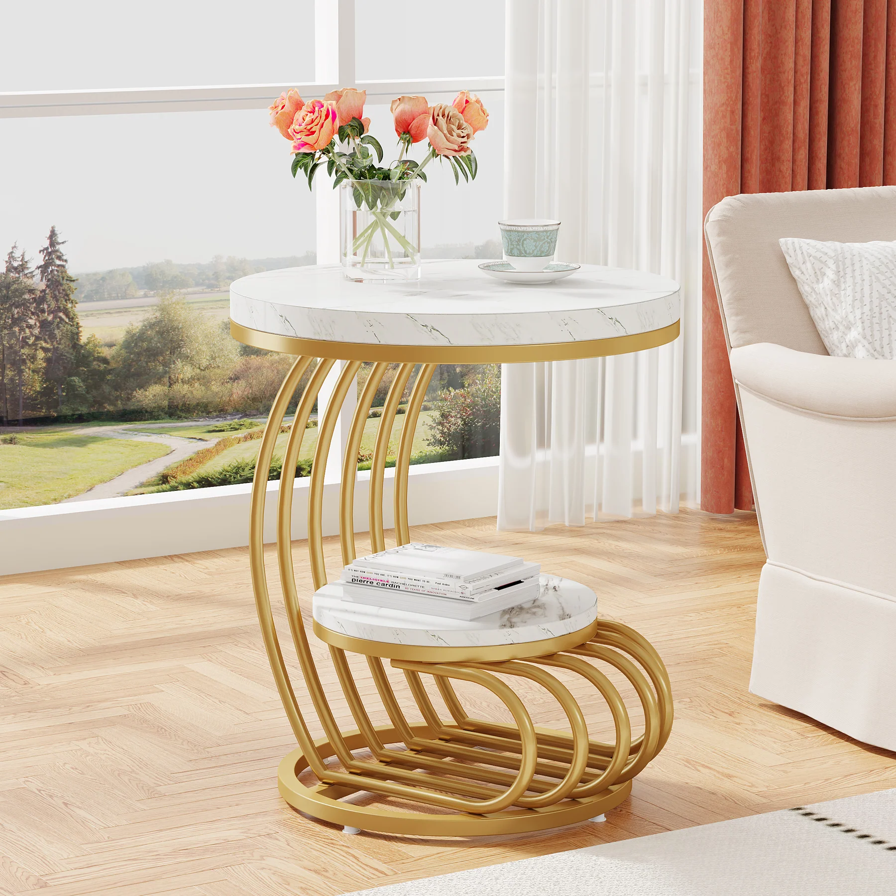 Round End Table, 2 Tiers Faux Marble Side Table with Storage Shelf - Image 3