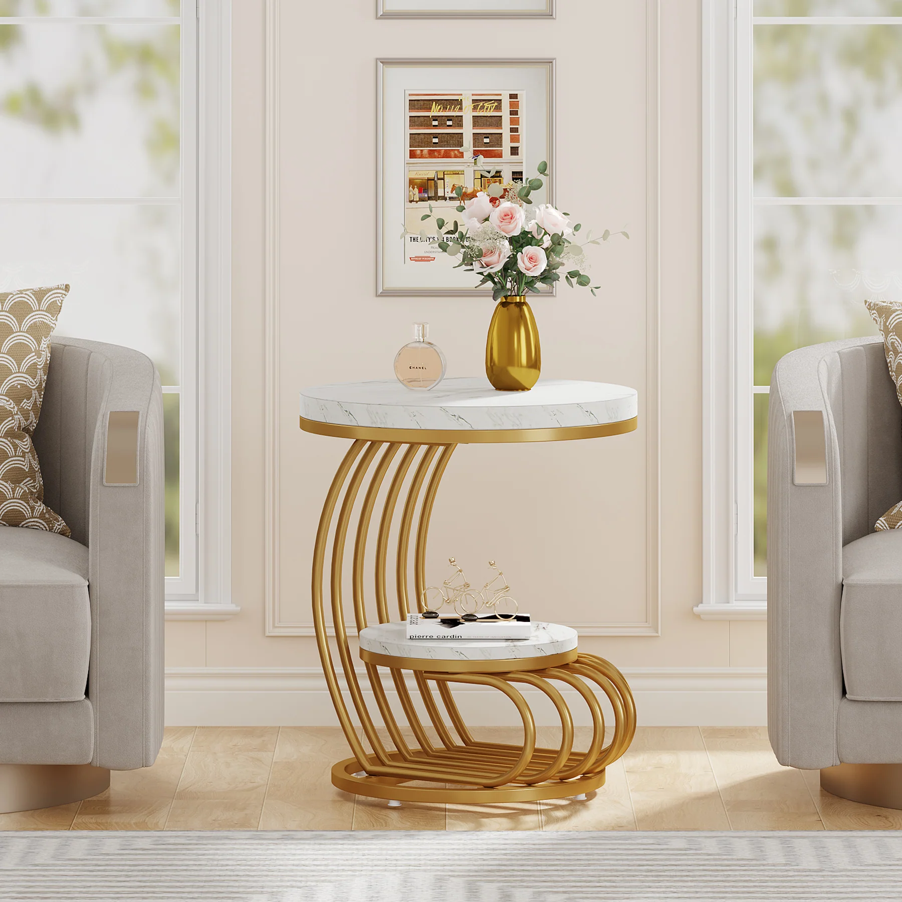 Round End Table, 2 Tiers Faux Marble Side Table with Storage Shelf - Image 4