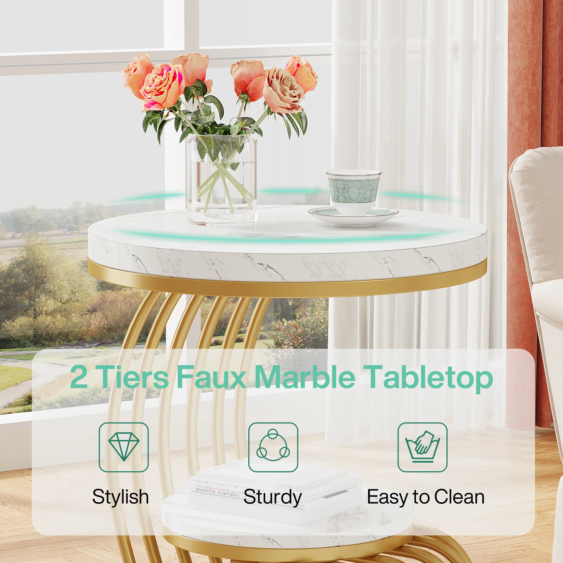 Round End Table, 2 Tiers Faux Marble Side Table with Storage Shelf - Image 5