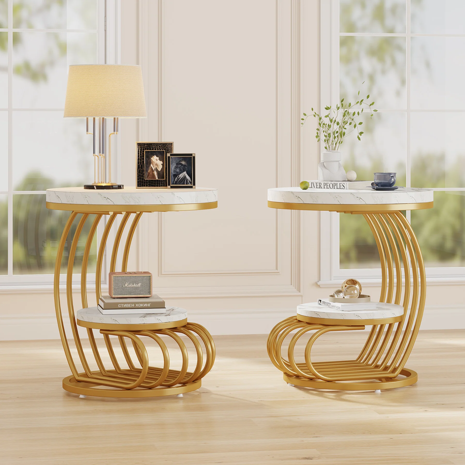 Round End Table, 2 Tiers Faux Marble Side Table with Storage Shelf - Image 7