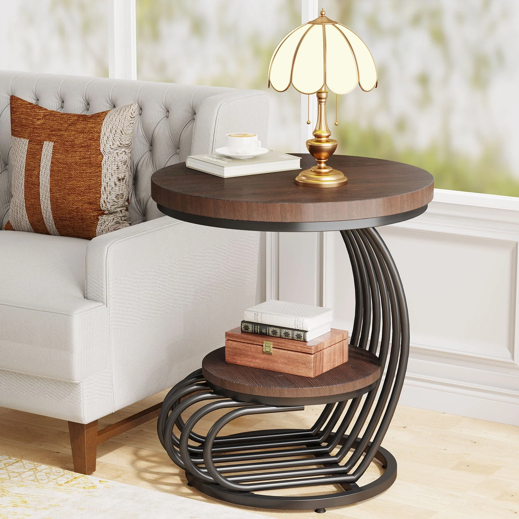 Round End Table, 2 Tiers Faux Marble Side Table with Storage Shelf - Image 8