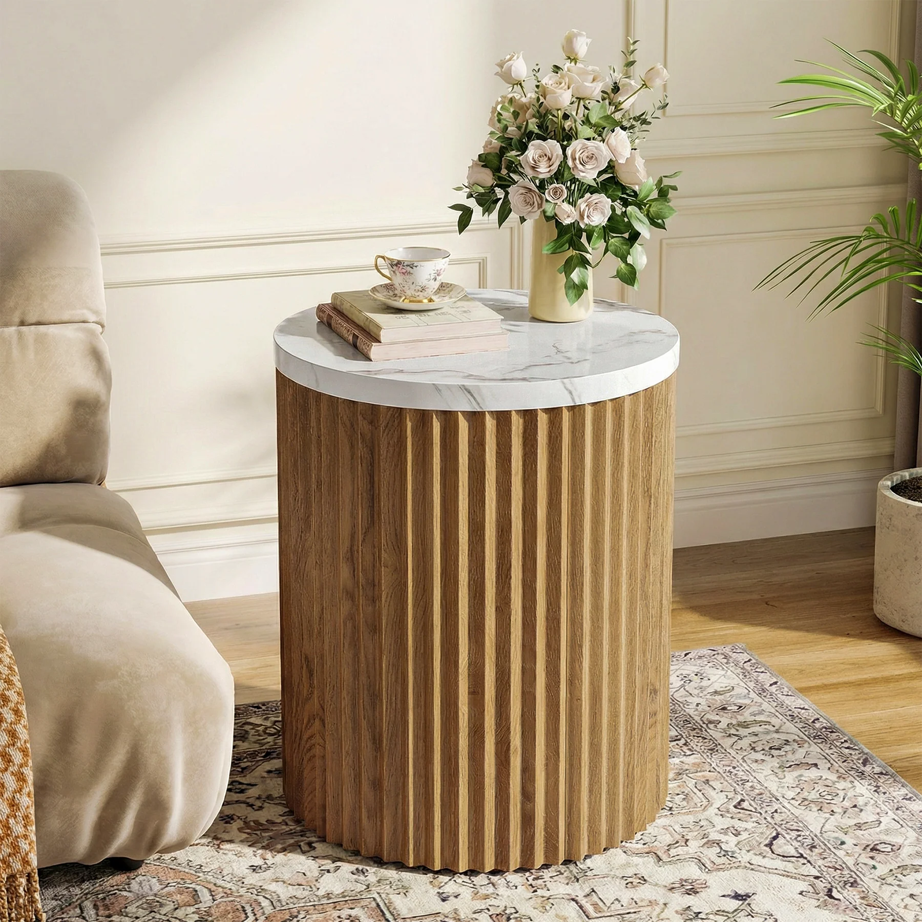 Round End Table, 23.6" Tall Side Table with Faux Marble Tabletop