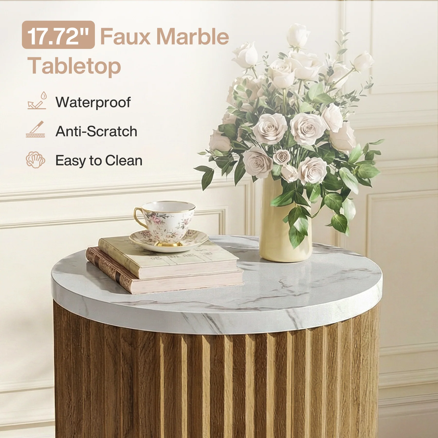 Round End Table, 23.6" Tall Side Table with Faux Marble Tabletop - Image 6