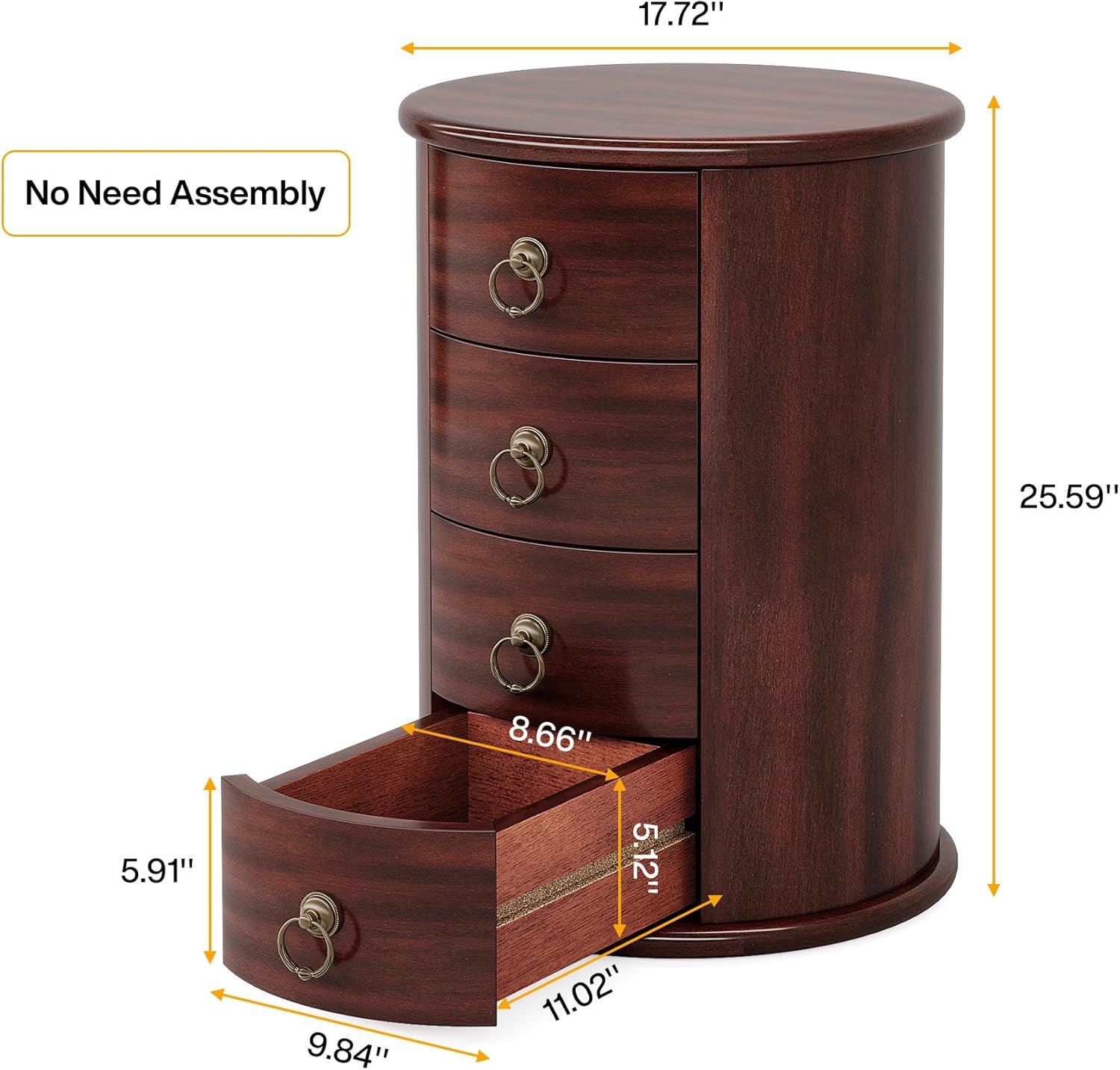 Wood End Table, Round Side Table With 4 Drawers(No Assembly Required) - Image 2