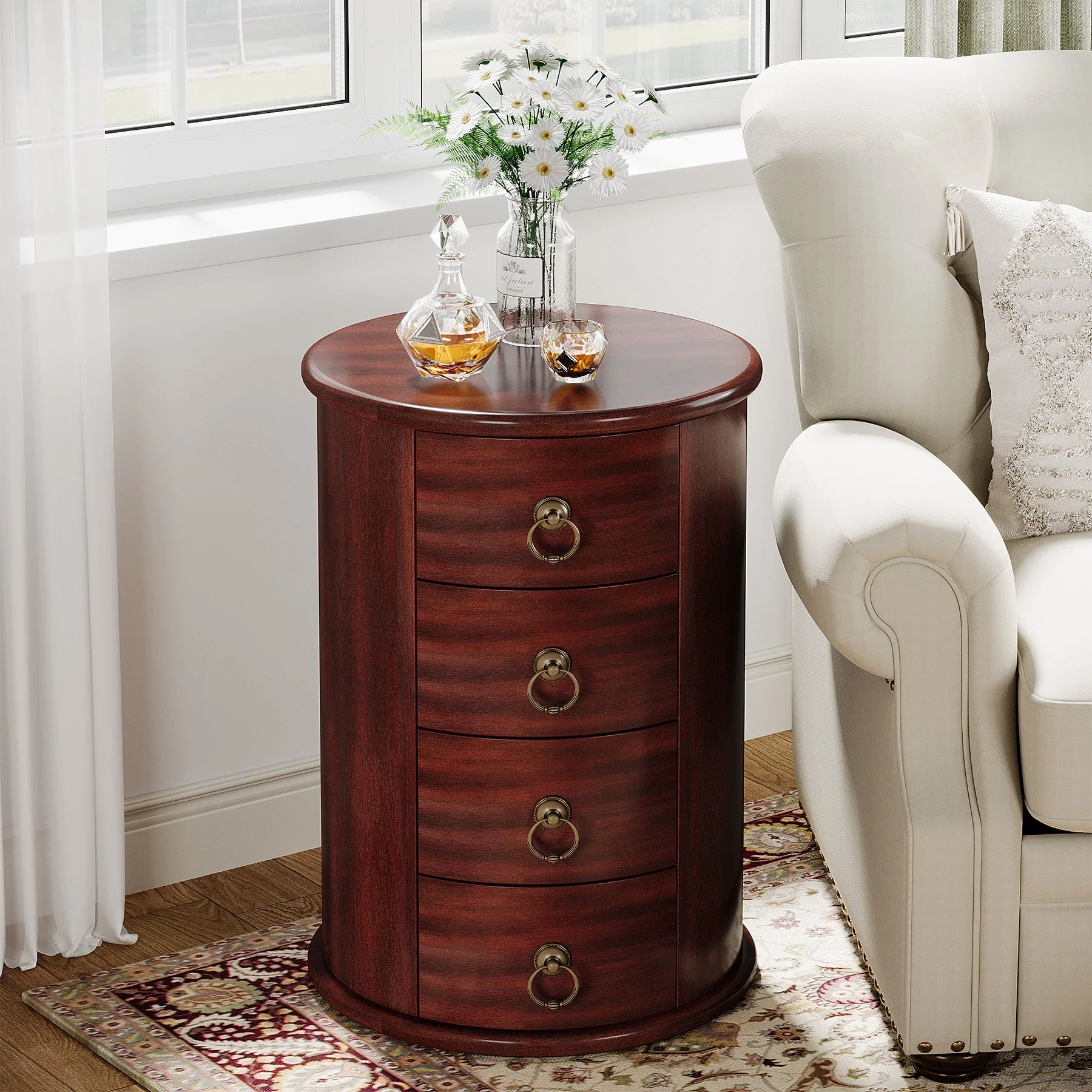 Wood End Table, Round Side Table With 4 Drawers(No Assembly Required) - Image 3