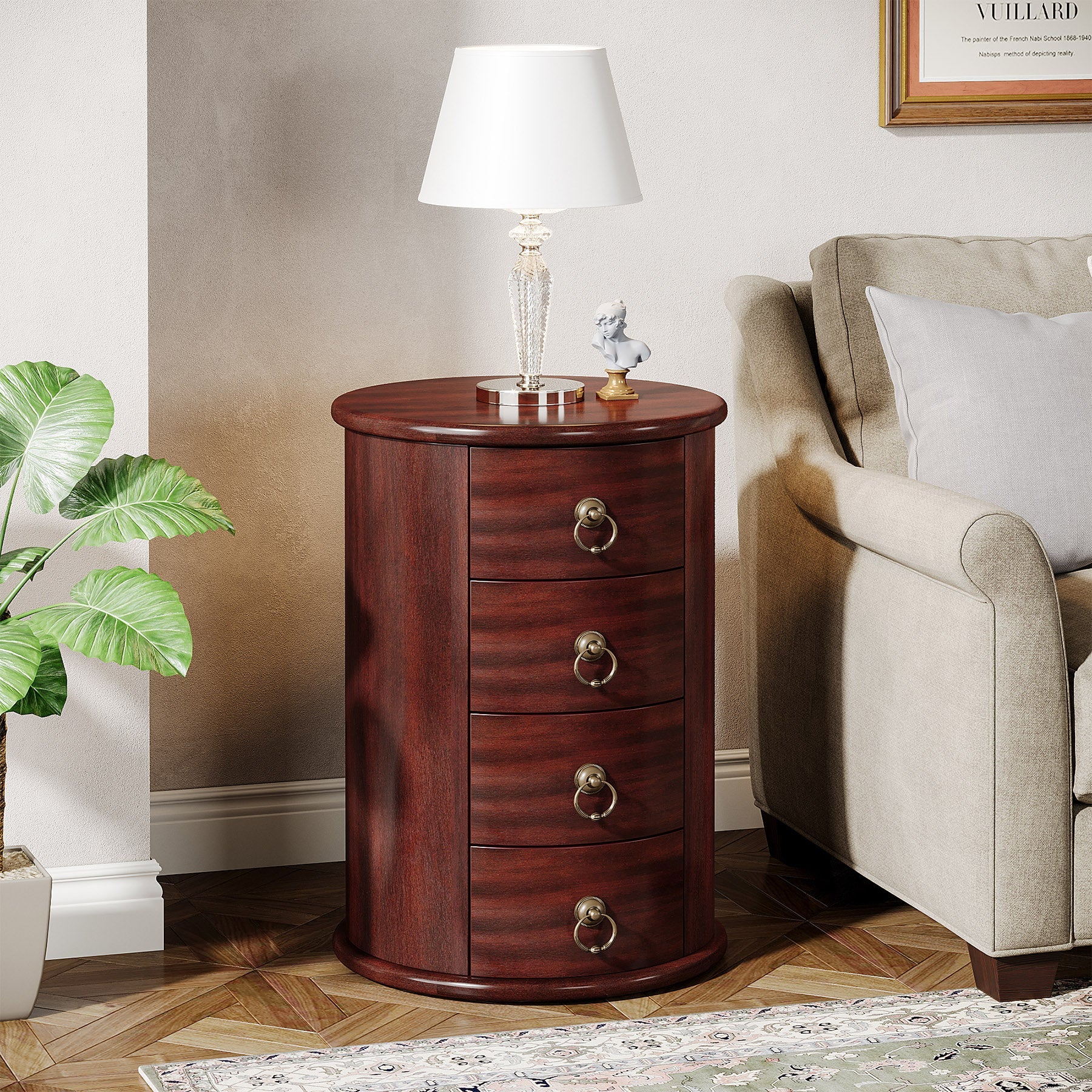 Wood End Table, Round Side Table With 4 Drawers(No Assembly Required) - Image 4