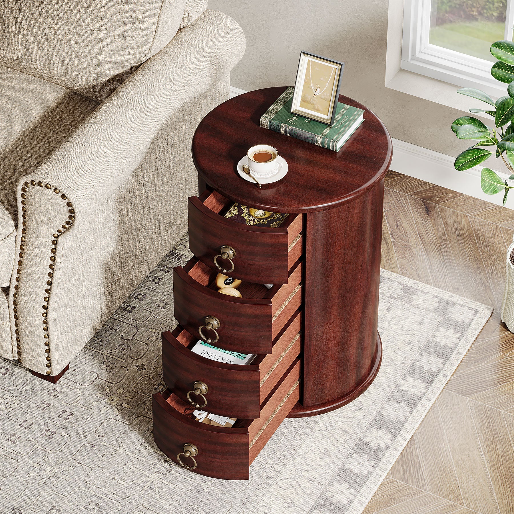 Wood End Table, Round Side Table With 4 Drawers(No Assembly Required) - Image 5
