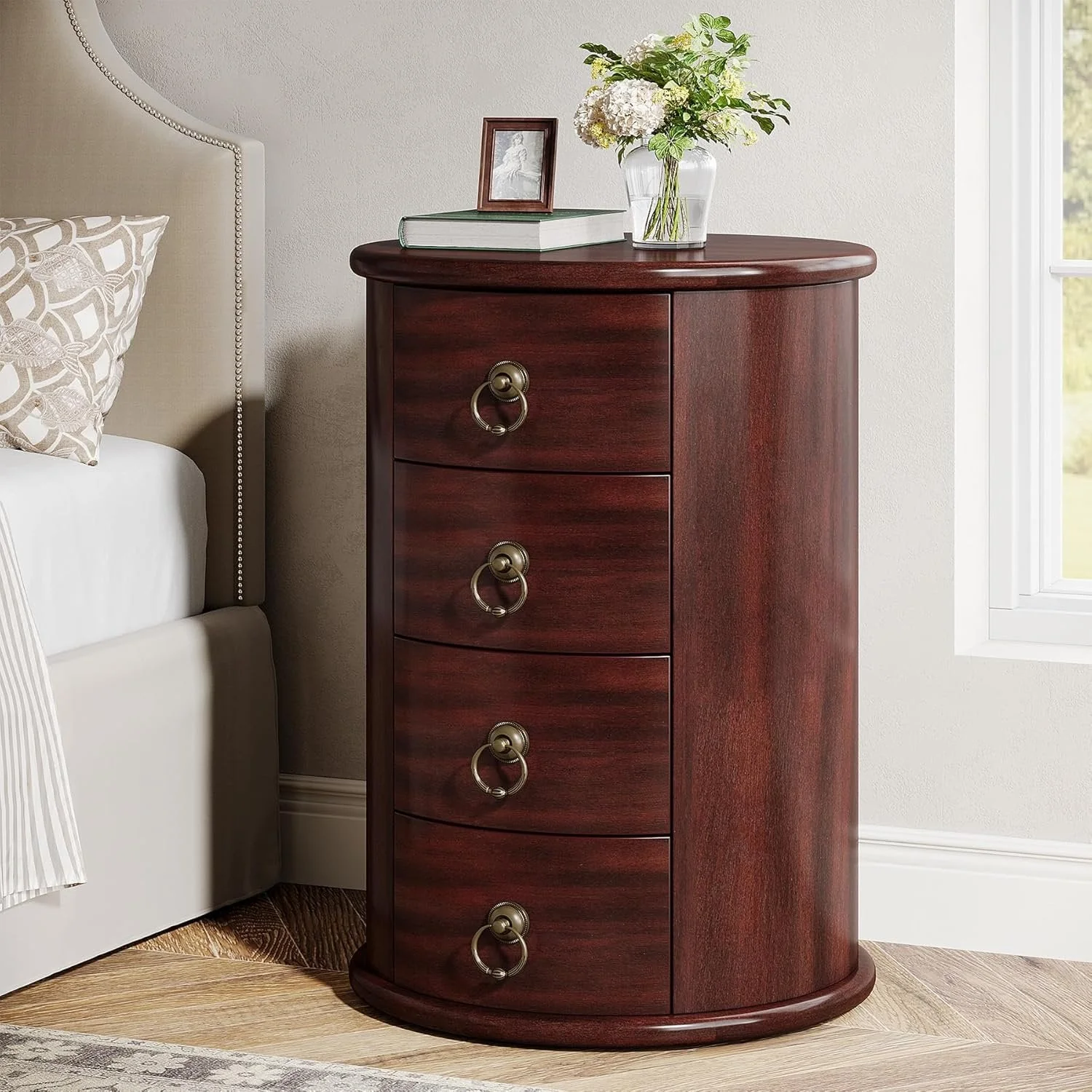 Wood End Table, Round Side Table With 4 Drawers(No Assembly Required) - Image 6