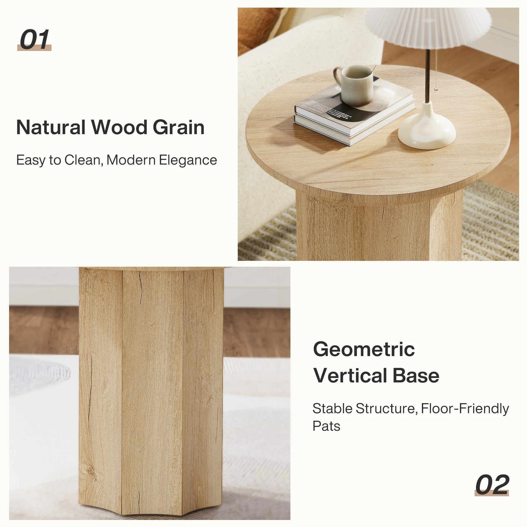 Round End Table, Wooden Pedestal Side Table with Octagonal Base - Image 7