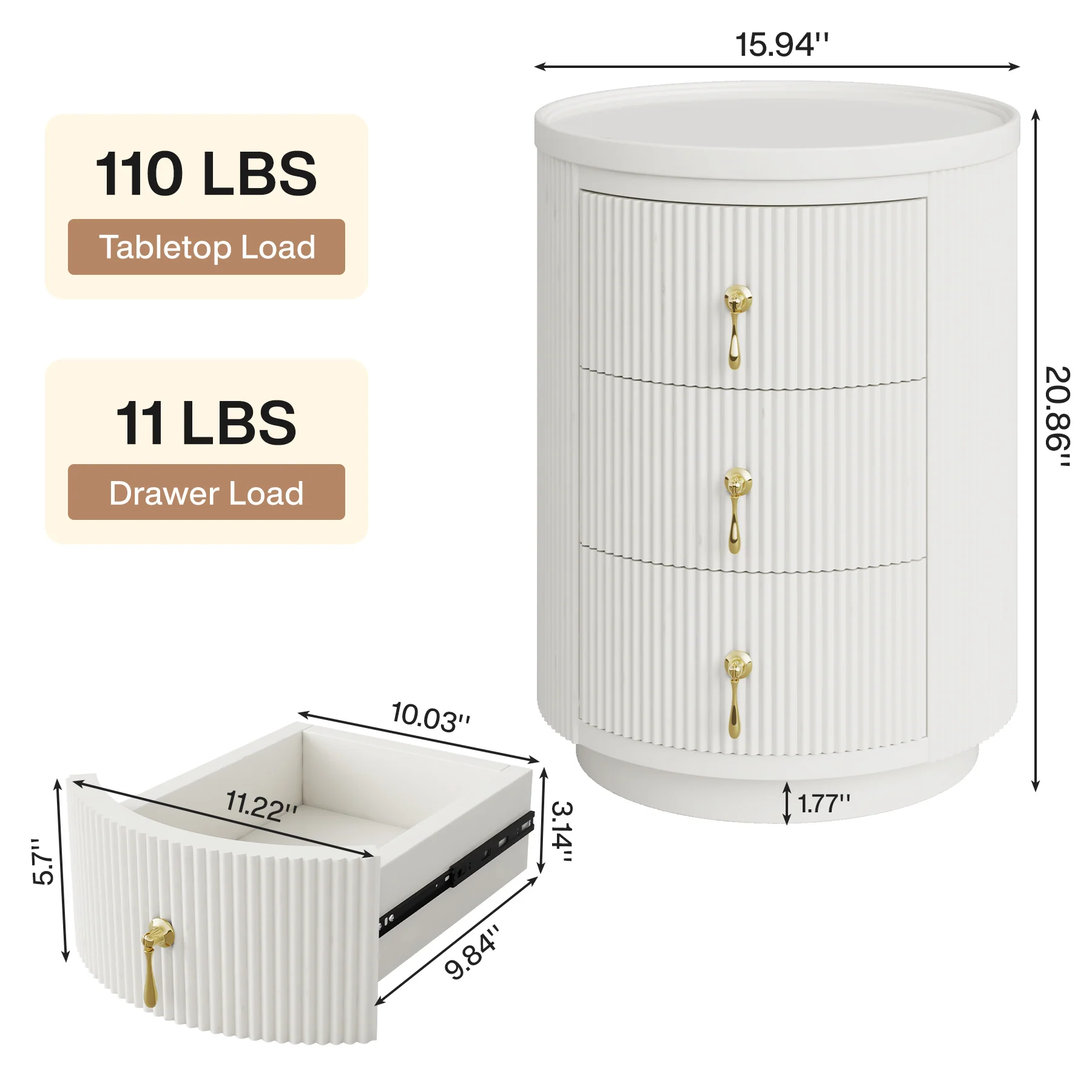 3-Drawer Nightstand, Round Side End Table with Storage (No Assembly Required) - Image 2