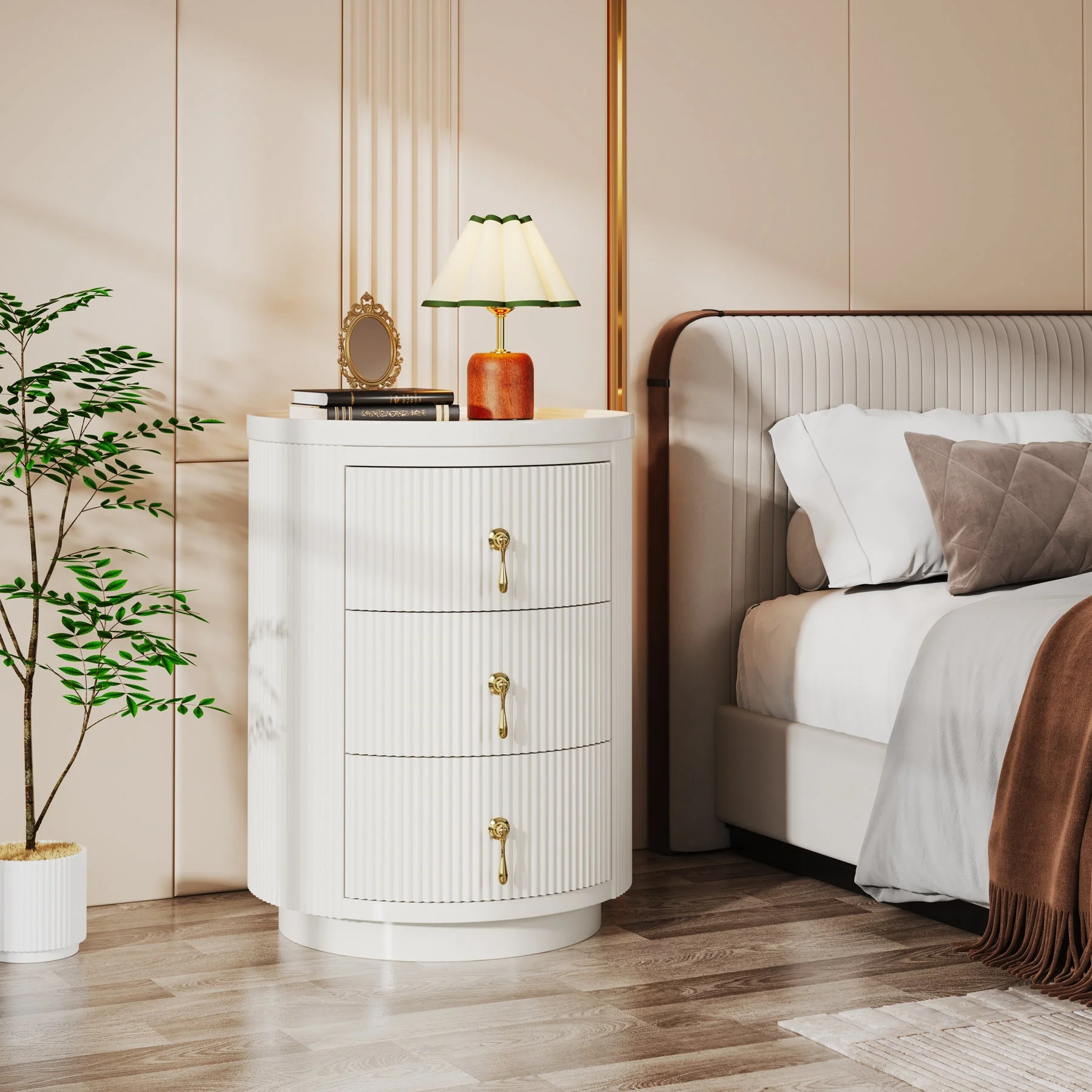 3-Drawer Nightstand, Round Side End Table with Storage (No Assembly Required) - Image 3