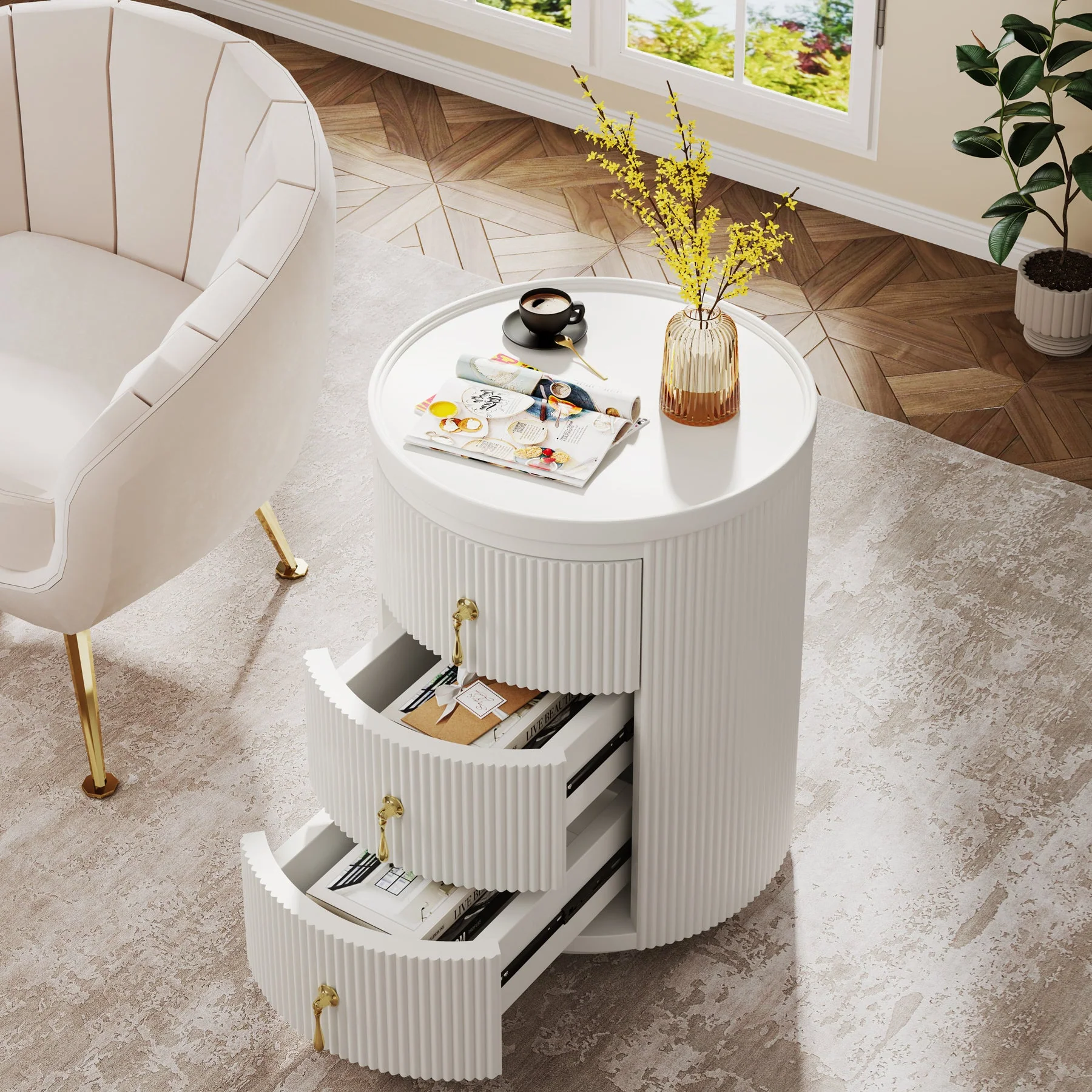 3-Drawer Nightstand, Round Side End Table with Storage (No Assembly Required) - Image 6