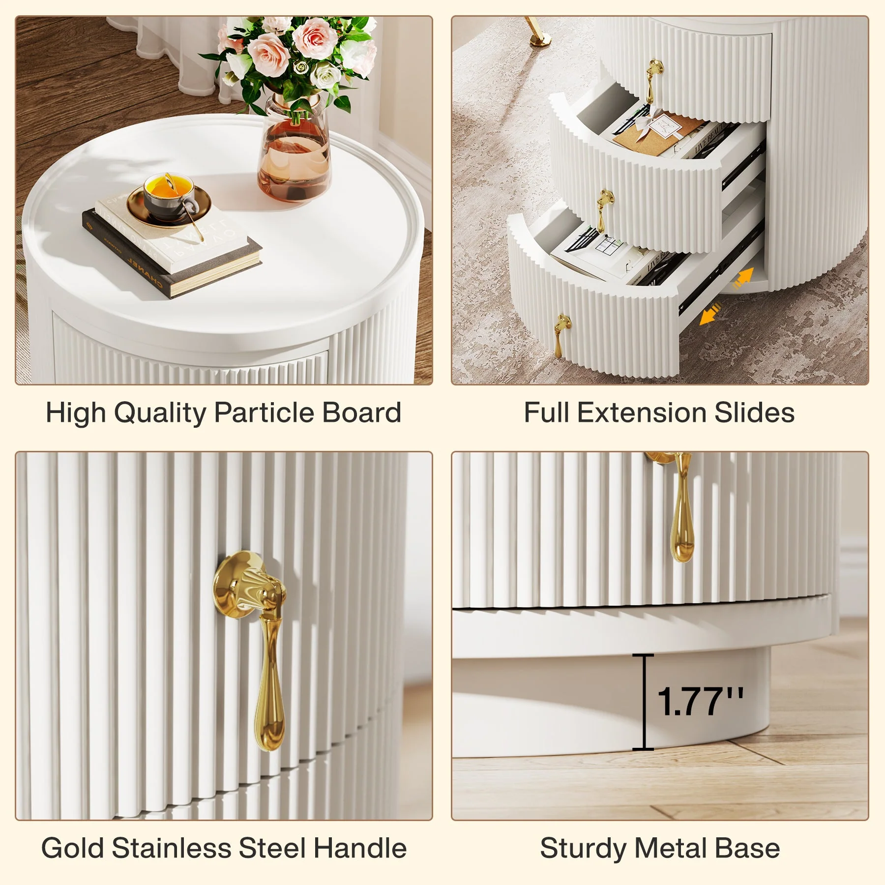 3-Drawer Nightstand, Round Side End Table with Storage (No Assembly Required) - Image 7