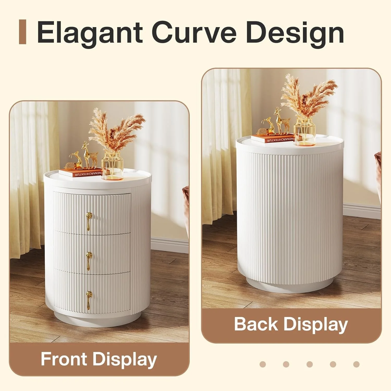 3-Drawer Nightstand, Round Side End Table with Storage (No Assembly Required) - Image 8