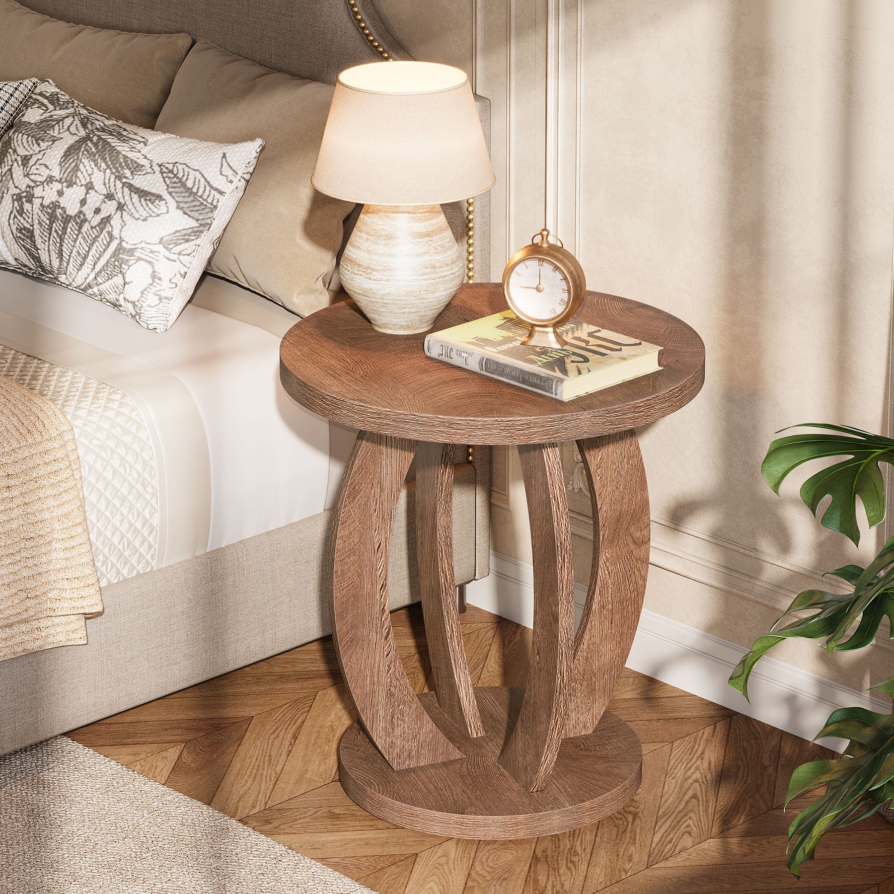 Round Nightstand with Storage, Large Bedside Table for Bedroom - Image 3