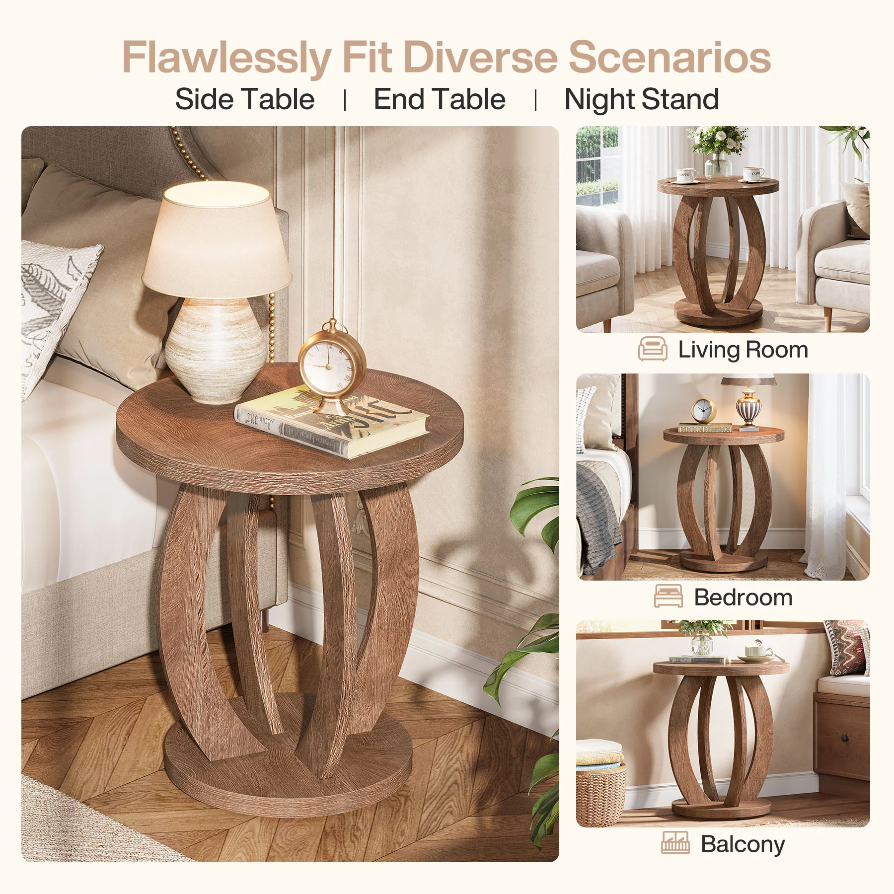 Round Nightstand with Storage, Large Bedside Table for Bedroom - Image 8