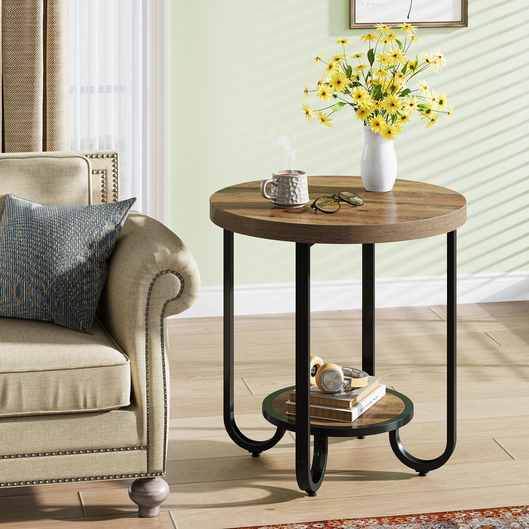 2-Tier End Table, Round Side Table Nightstand with Curved Metal Legs
