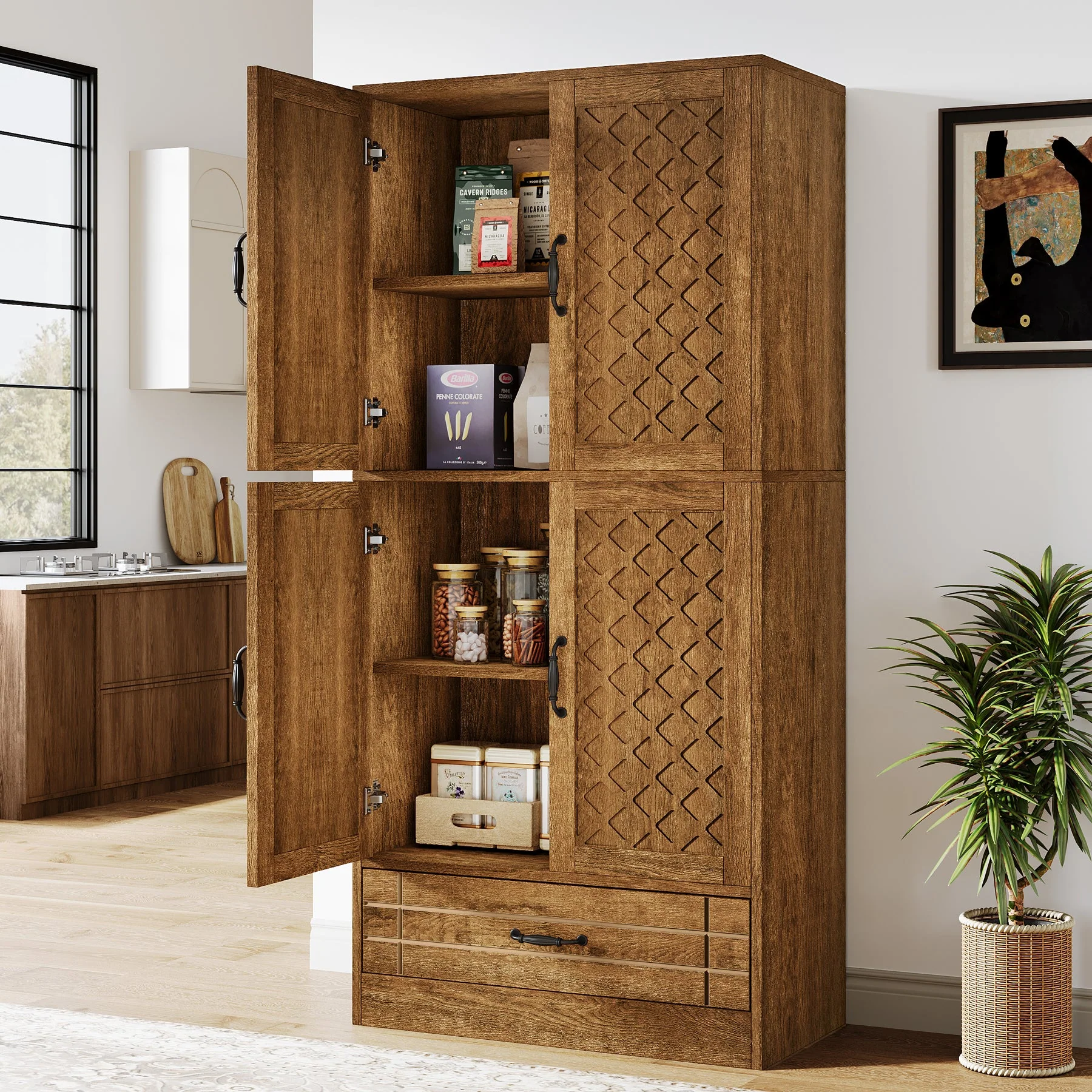70" Bakers' Rack, Rustic Kitchen Pantry Cabinet with Doors and Drawer - Image 3