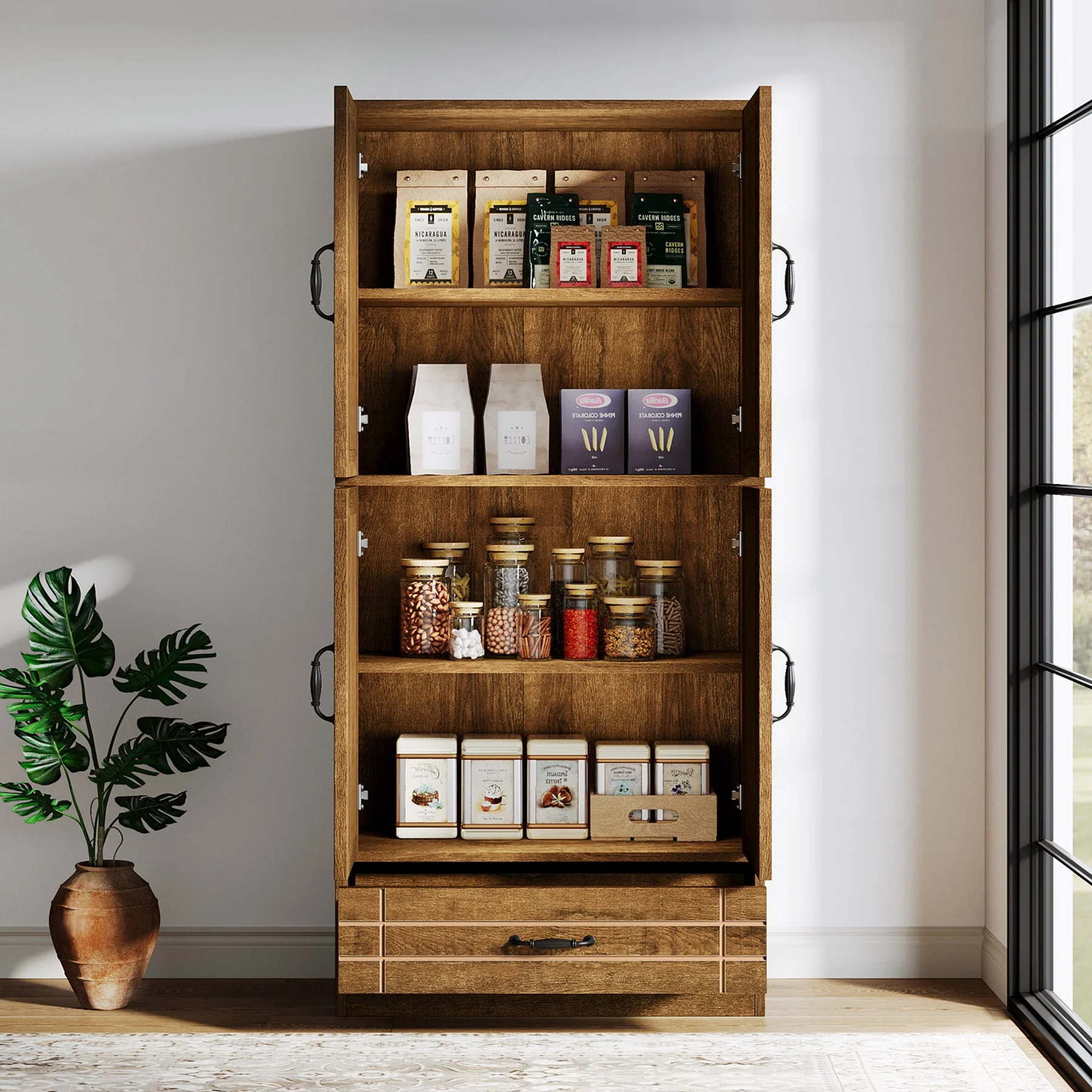 70" Bakers' Rack, Rustic Kitchen Pantry Cabinet with Doors and Drawer - Image 6