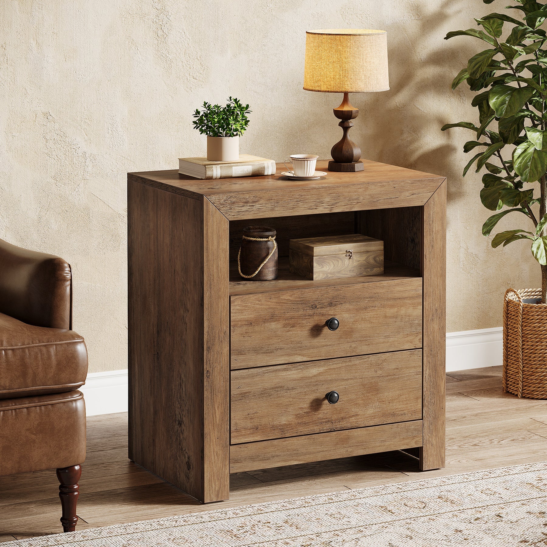 23.6" Nightstand, Rustic Bedside Table with 2 Storage Drawers - Image 5