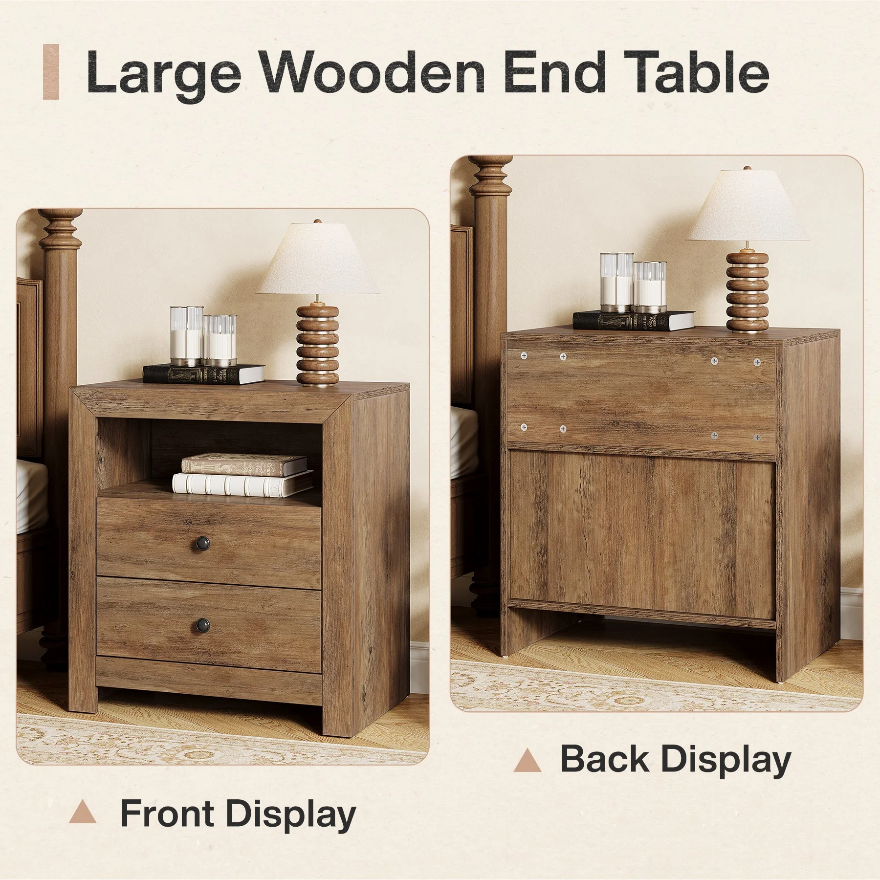 23.6" Nightstand, Rustic Bedside Table with 2 Storage Drawers - Image 6
