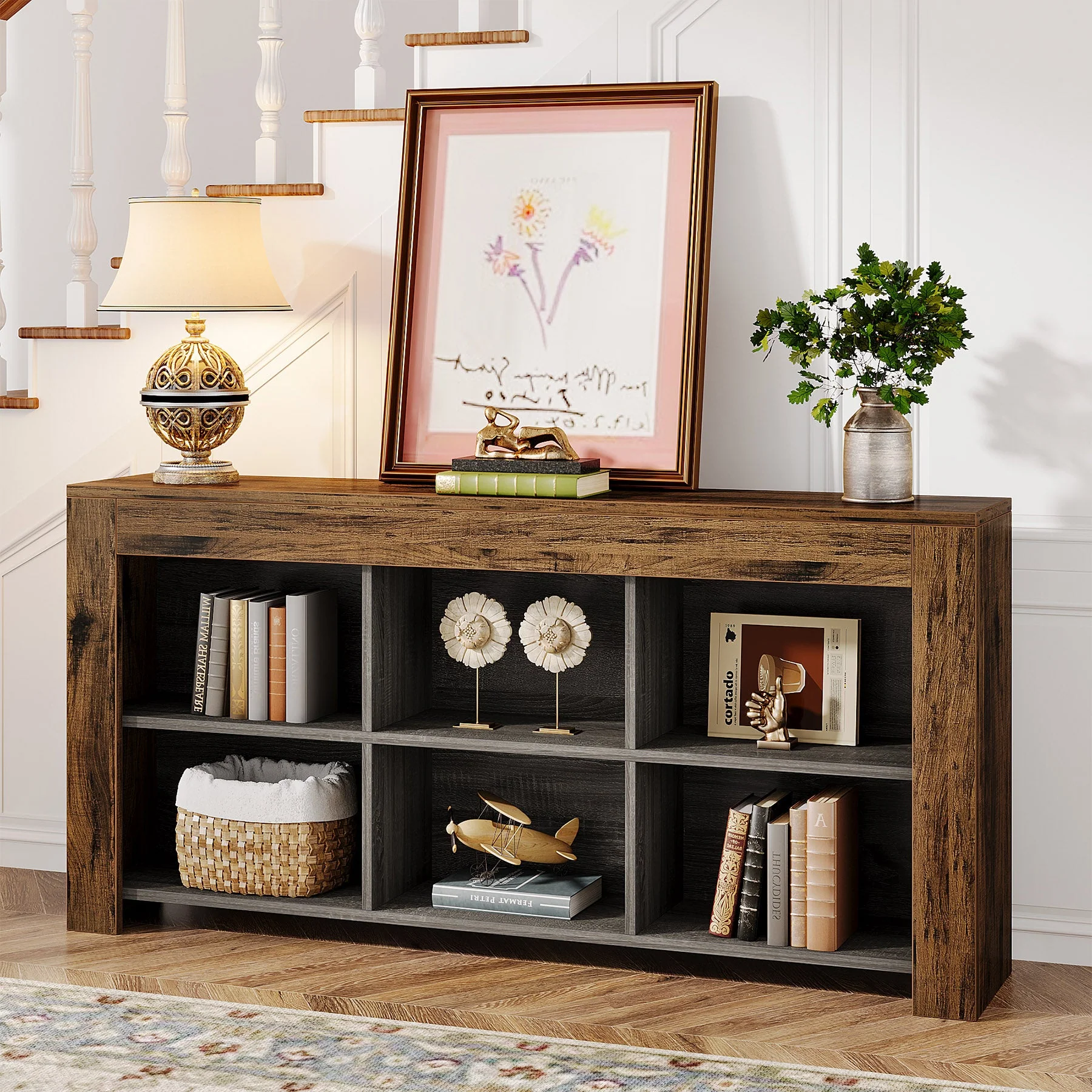 Wood Sofa Table, Rustic Console Table Entryway Table with 6 Storage Cubes - Image 4