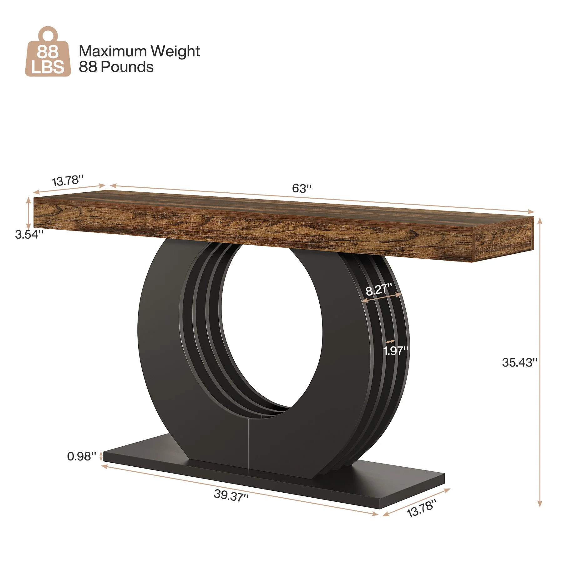 63" Console Table, Rustic Sofa Table Entryway Table with Circle Base - Image 2