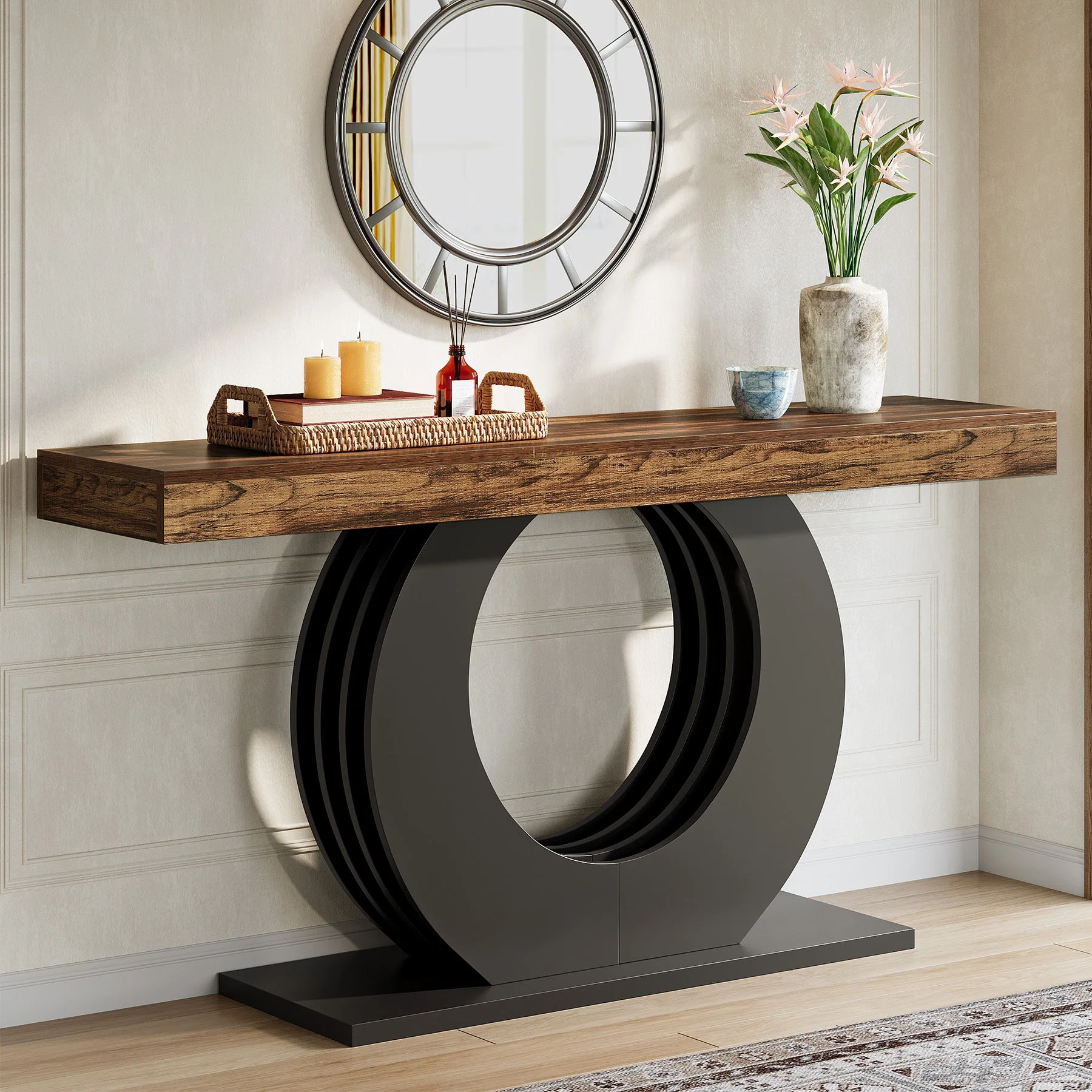 63" Console Table, Rustic Sofa Table Entryway Table with Circle Base - Image 3
