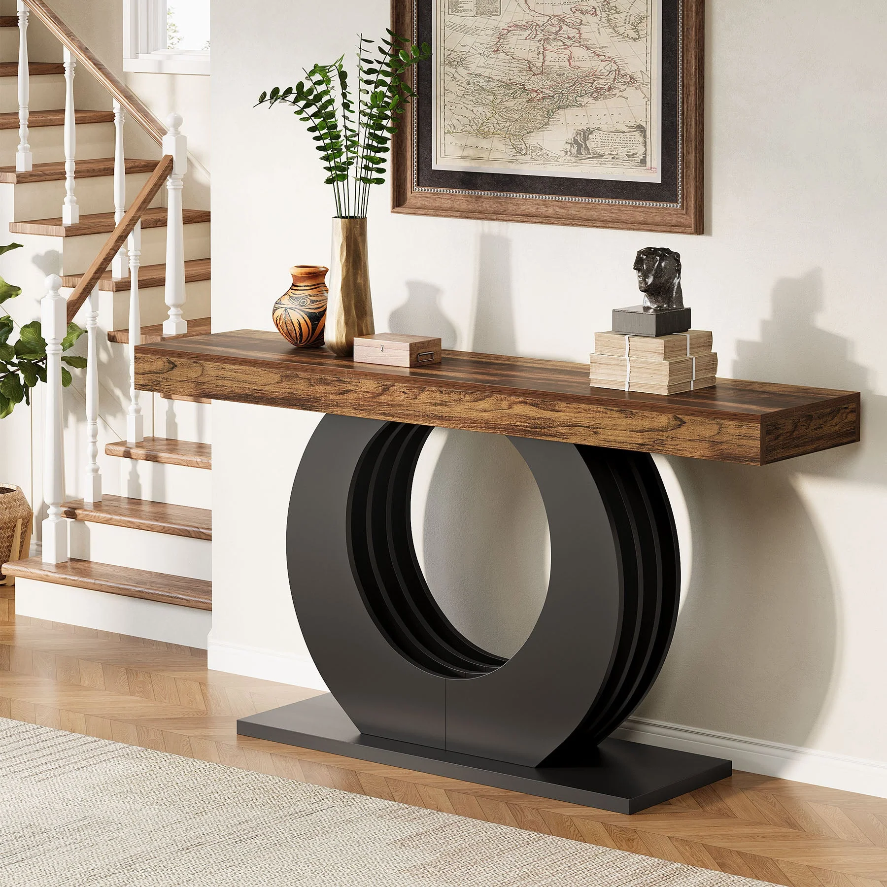 63" Console Table, Rustic Sofa Table Entryway Table with Circle Base - Image 5