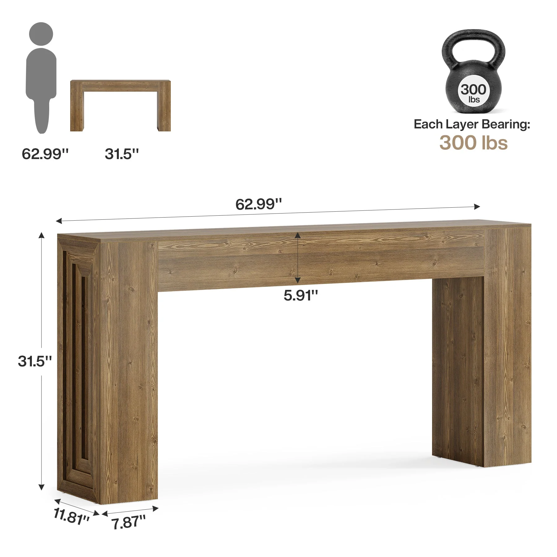 63" Console Table, Rustic Sofa Table Hallway Table with Stable Legs - Image 2