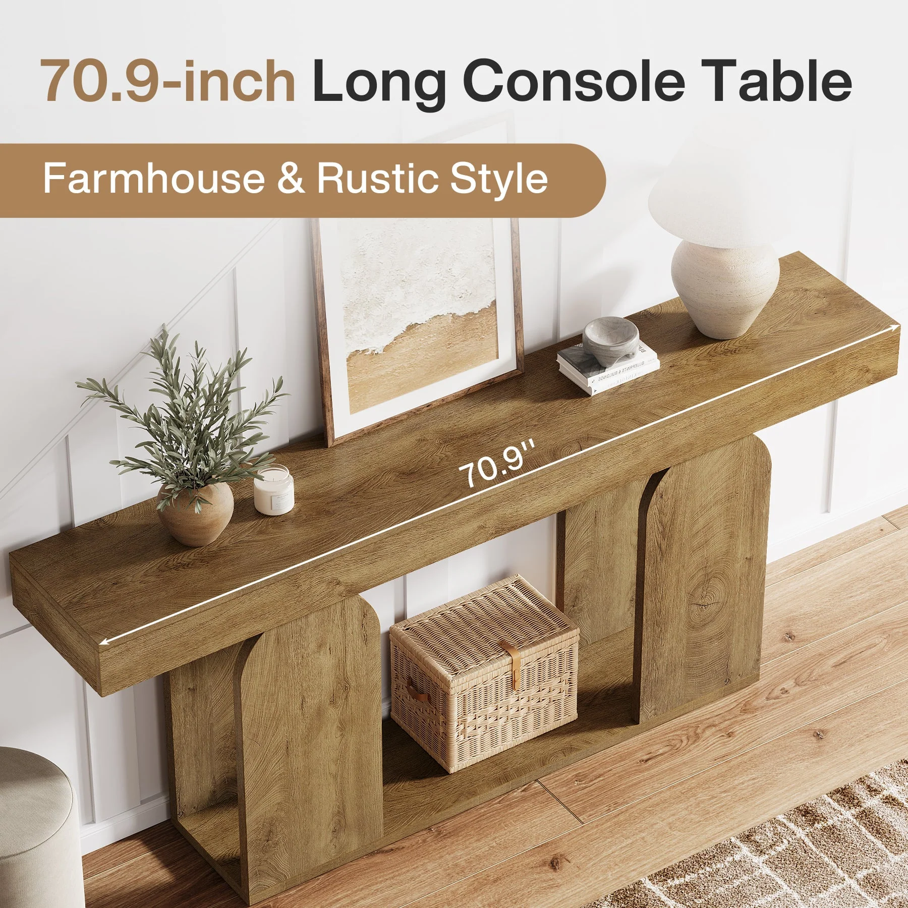 70.87" Long Console Table, Rustic Console Table with Arched Base and Low Shelf - Image 5