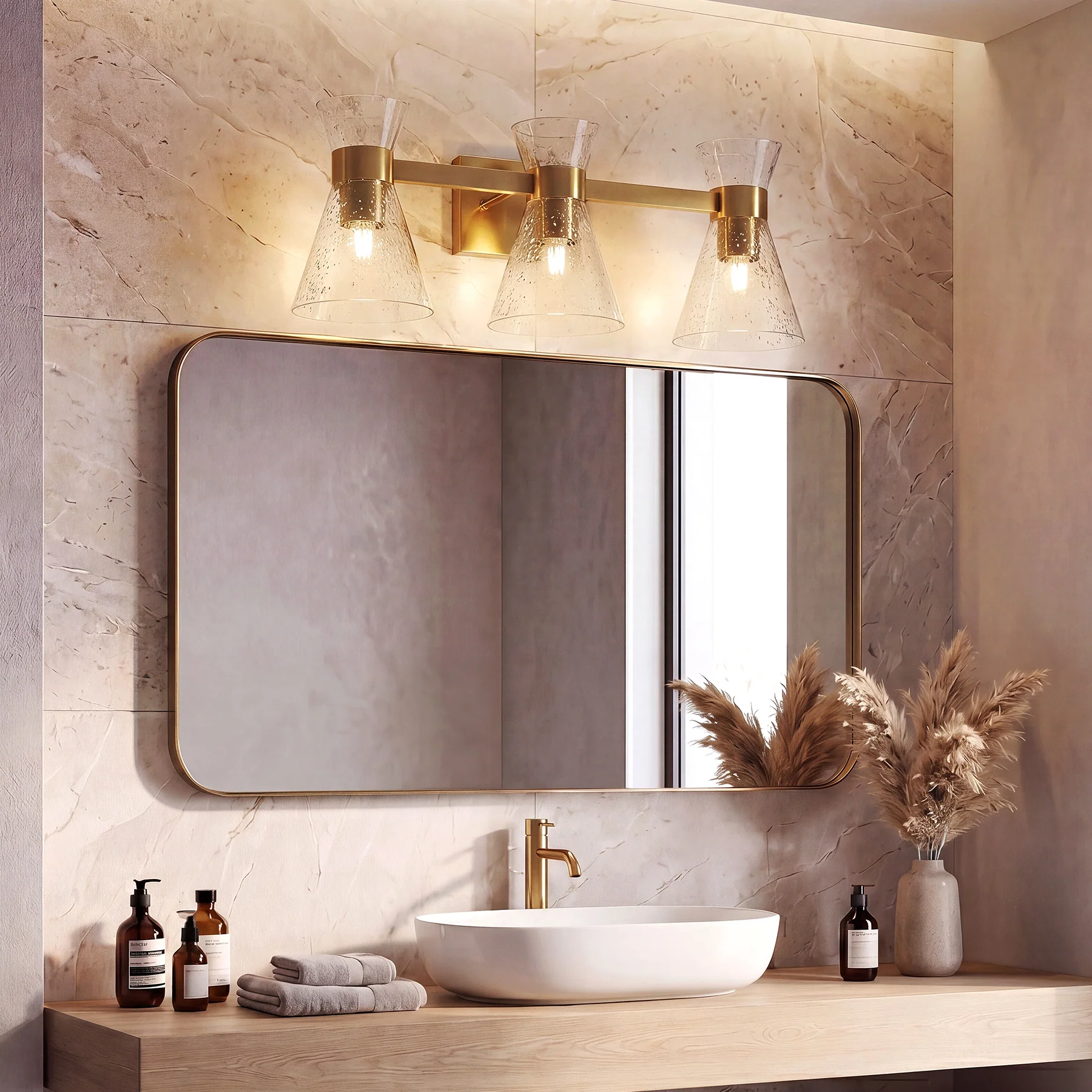 3-Light Bathroom Vanity Light, Seeded Glass Wall Light Fixtures Damp-Rated - Image 3