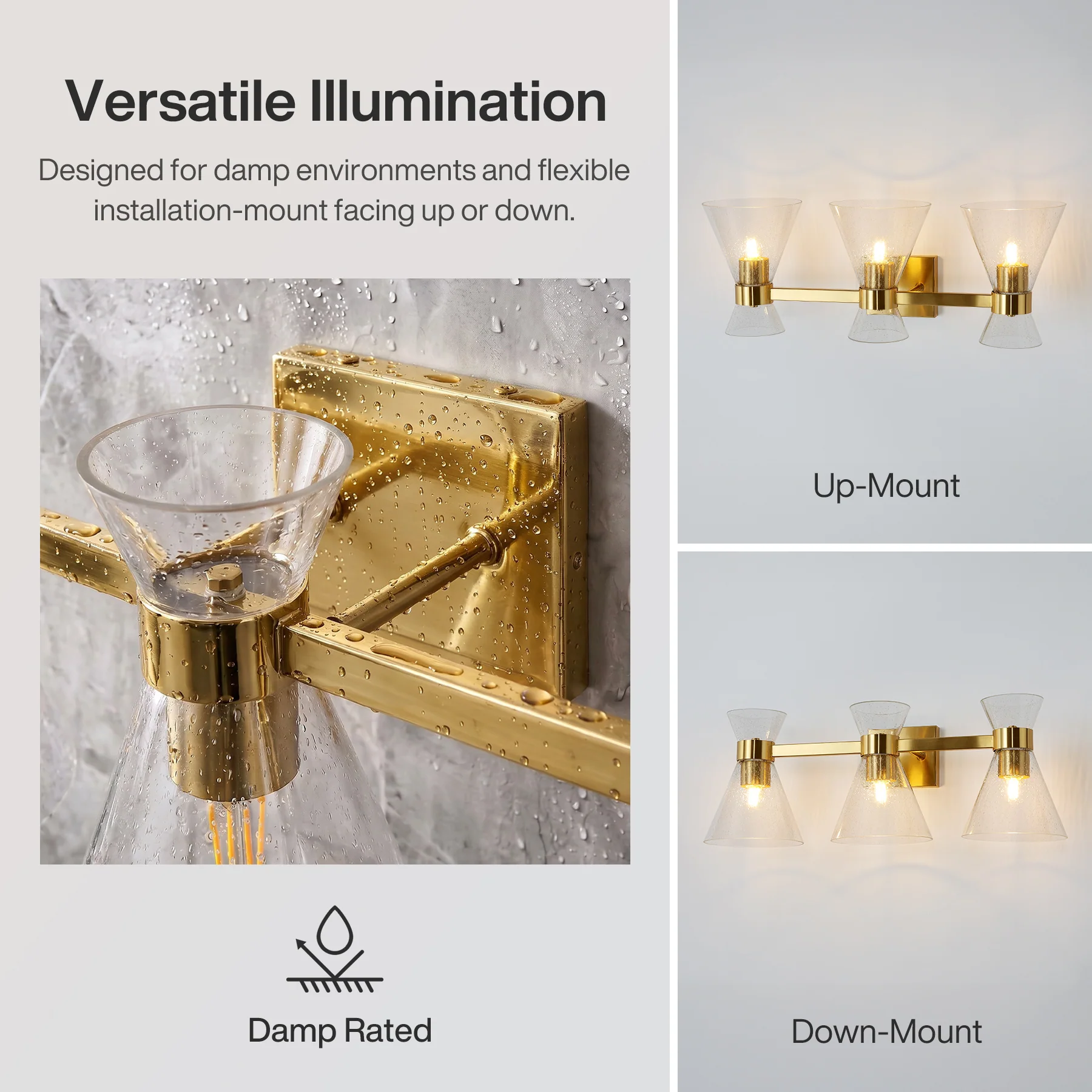 3-Light Bathroom Vanity Light, Seeded Glass Wall Light Fixtures Damp-Rated - Image 8
