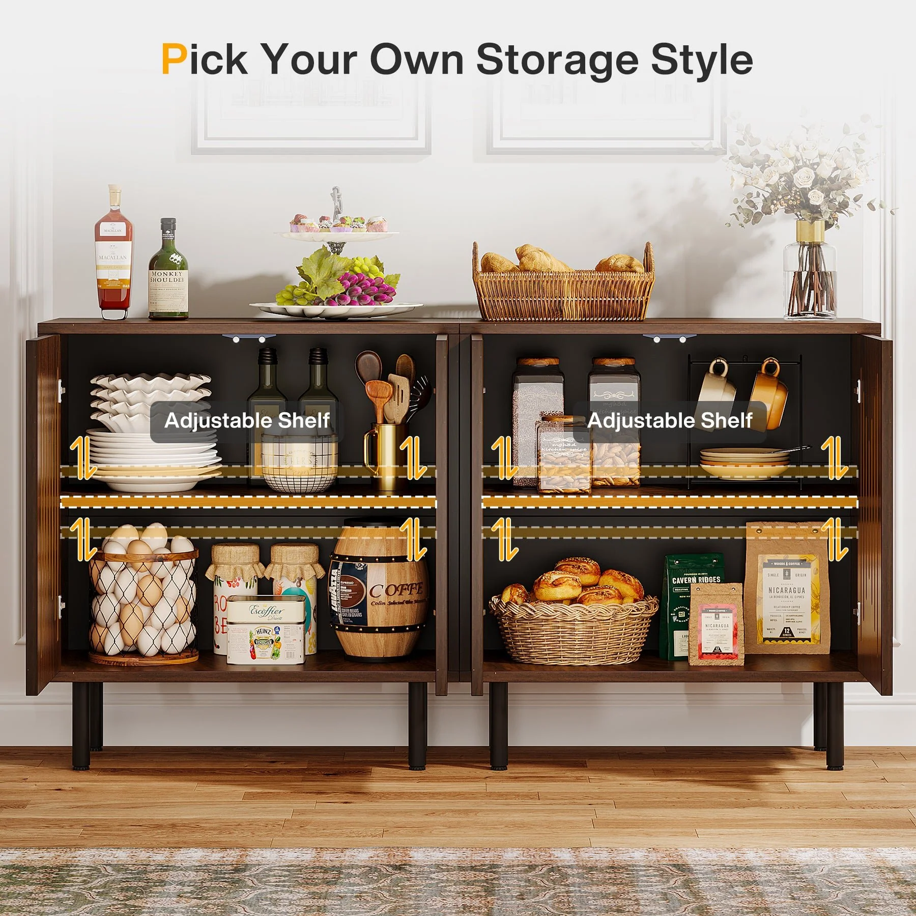 Sideboard Buffet, Set of 2 Storage Cabinet with Adjustable Shelves - Image 6