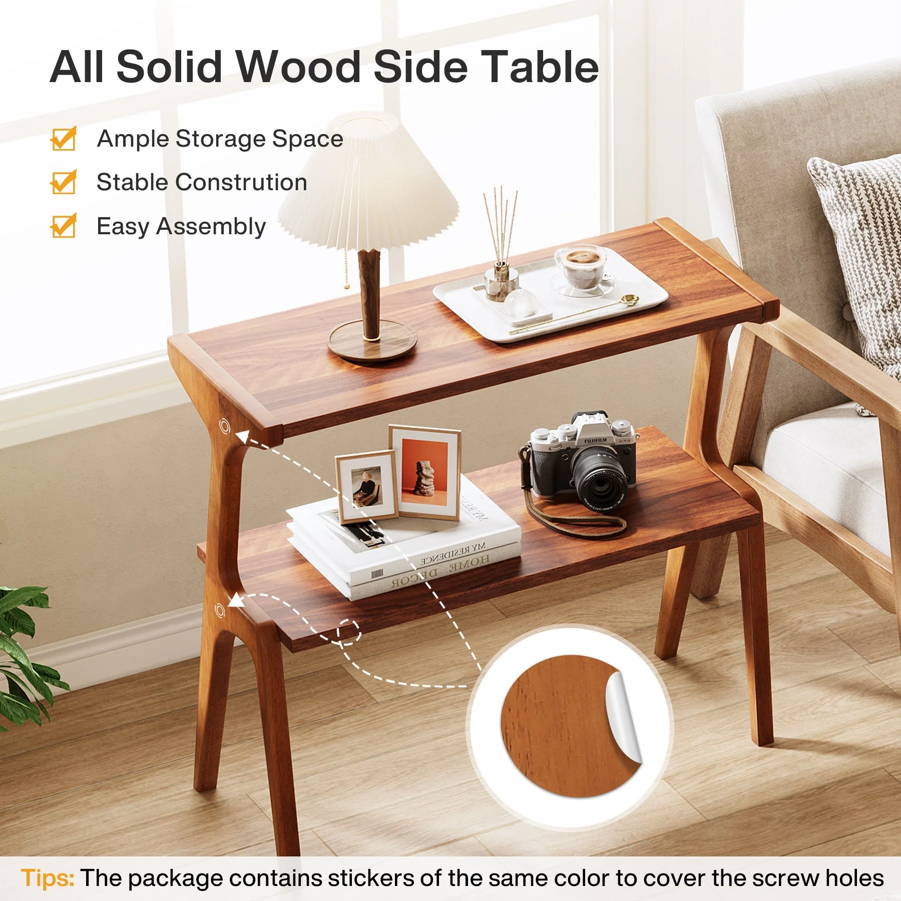 Solid Wood End Table, 2-Tier Sofa Side Table with Storage Shelf for Small Spaces - Image 6