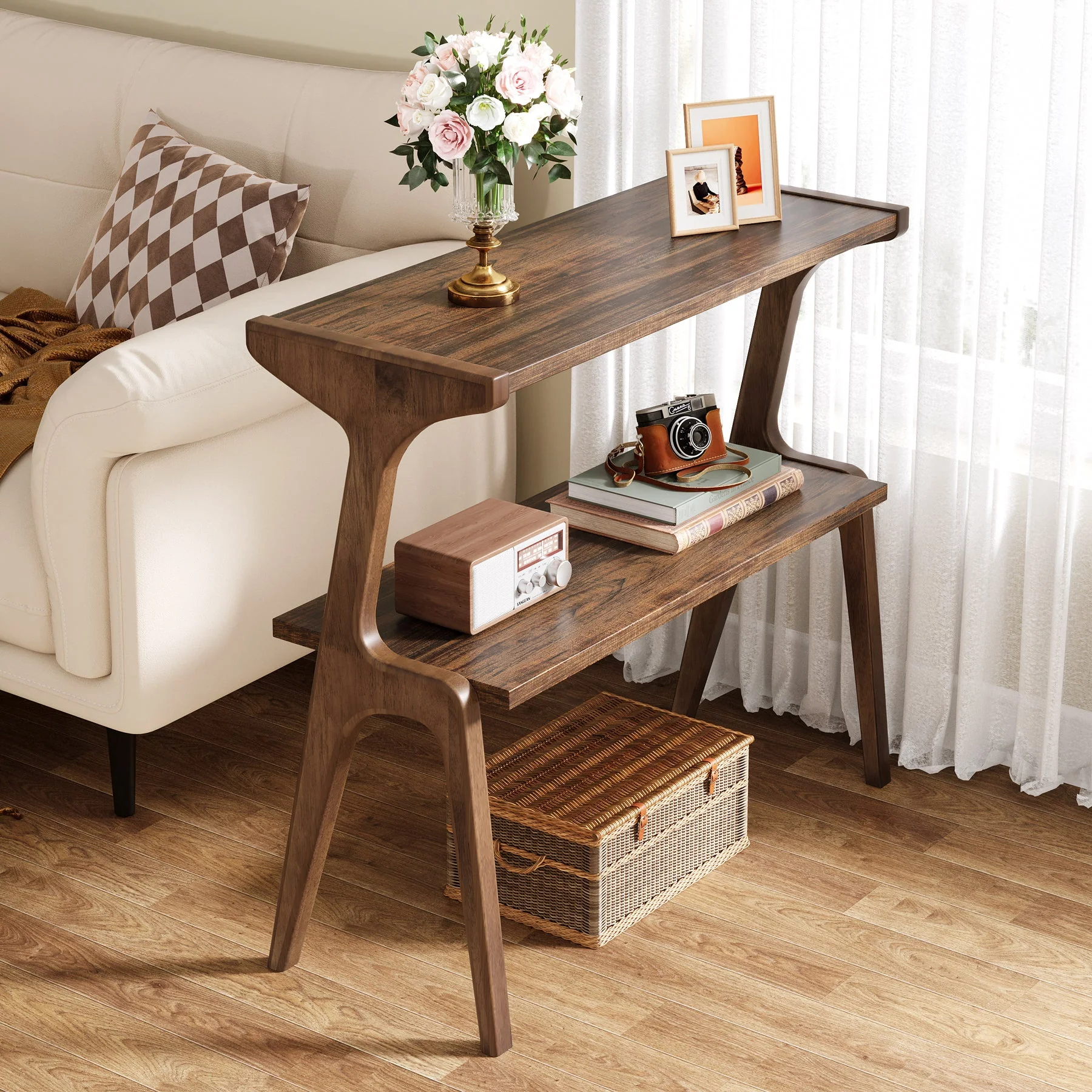 Solid Wood End Table, 2-Tier Sofa Side Table with Storage Shelf for Small Spaces - Image 8