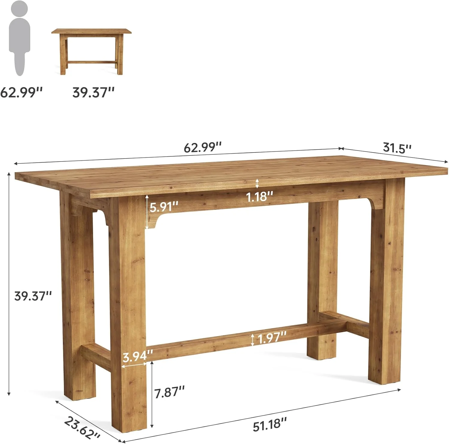 Solid Wood Bar Table, 63" Dining Table Counter Height Pub Table - Image 2