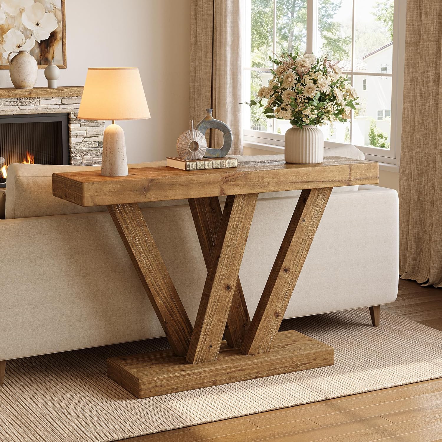 Solid Wood Console Table, 47.2" Farmhouse Sofa Table with Double V-Shape Base - Image 3