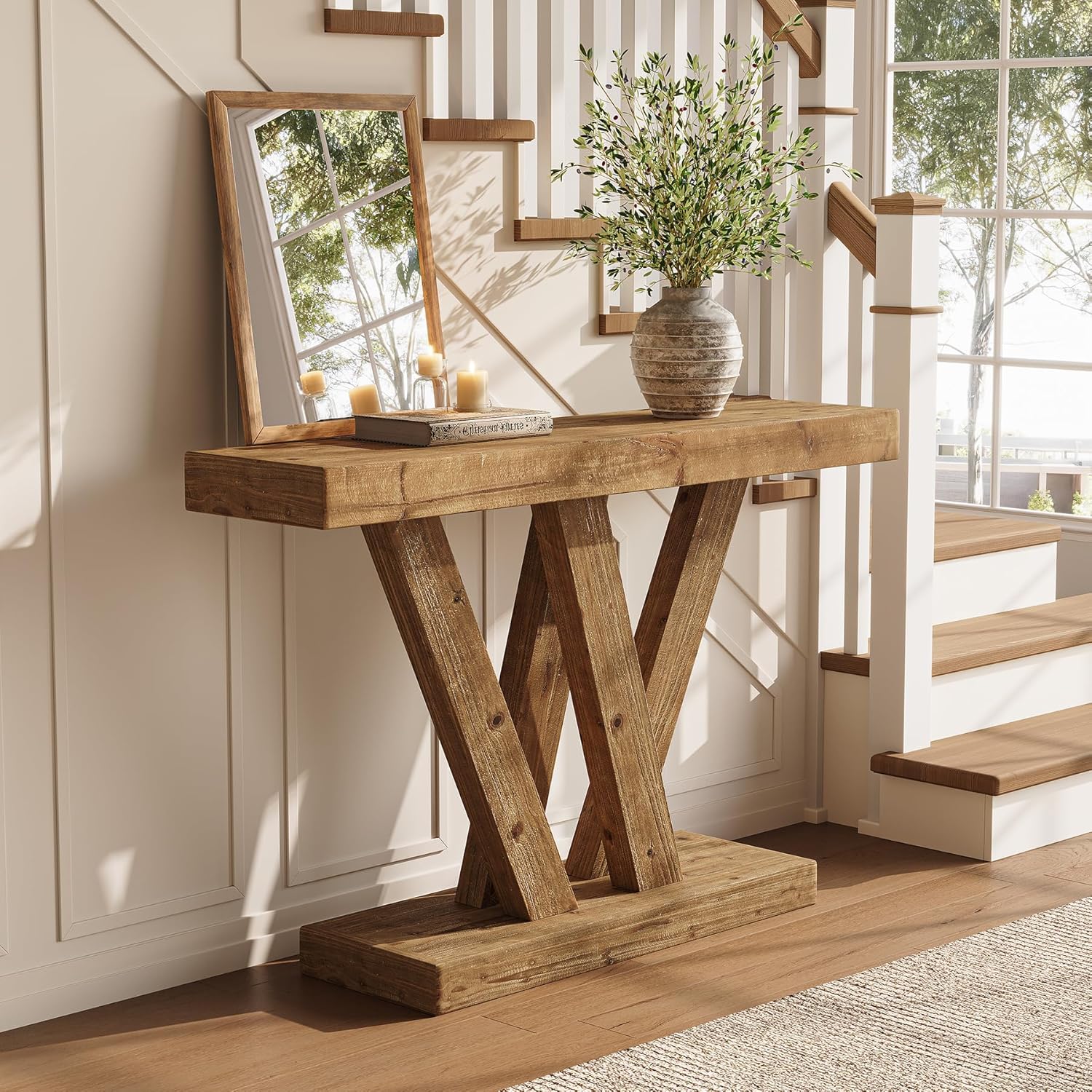 Solid Wood Console Table, 47.2" Farmhouse Sofa Table with Double V-Shape Base - Image 4