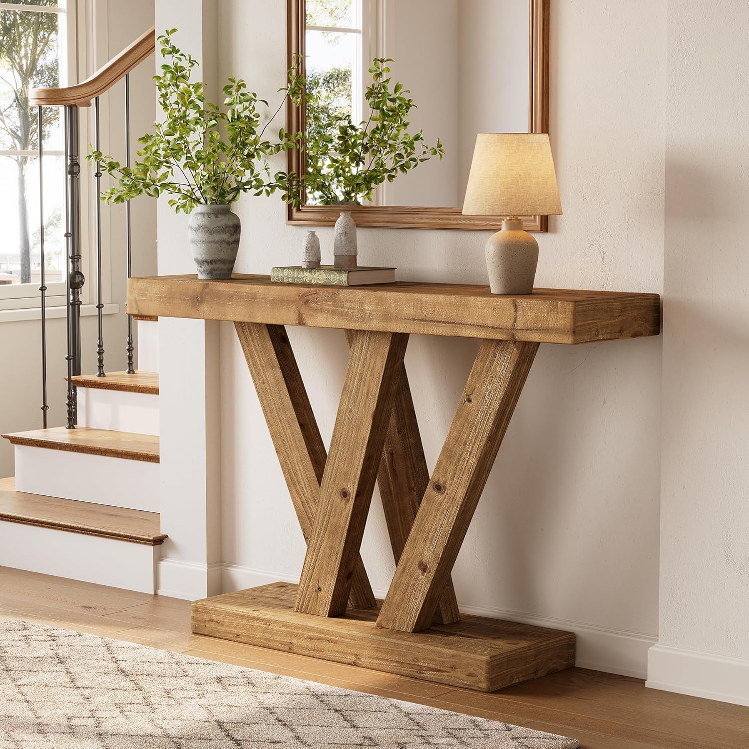 Solid Wood Console Table, 47.2" Farmhouse Sofa Table with Double V-Shape Base - Image 5