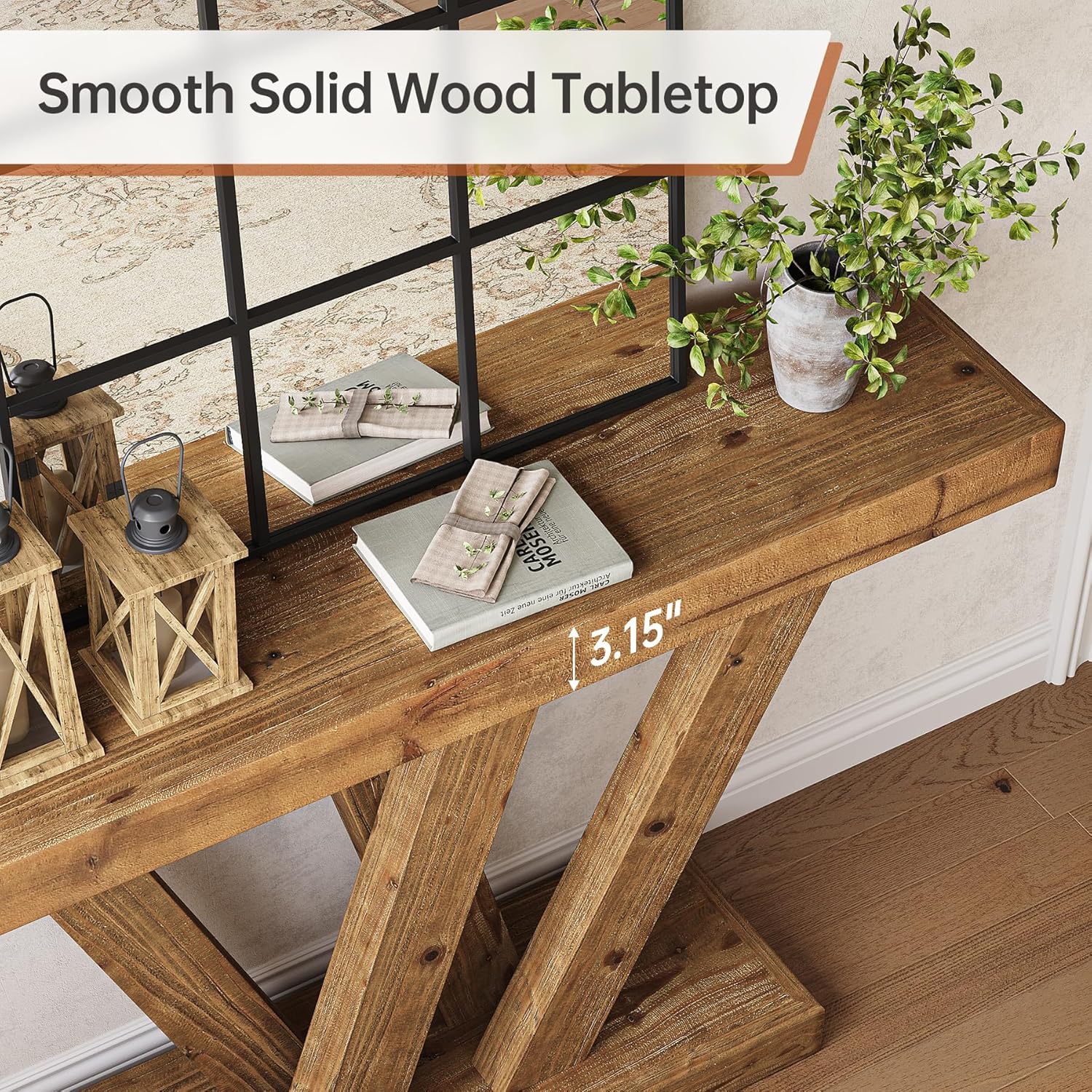Solid Wood Console Table, 47.2" Farmhouse Sofa Table with Double V-Shape Base - Image 6